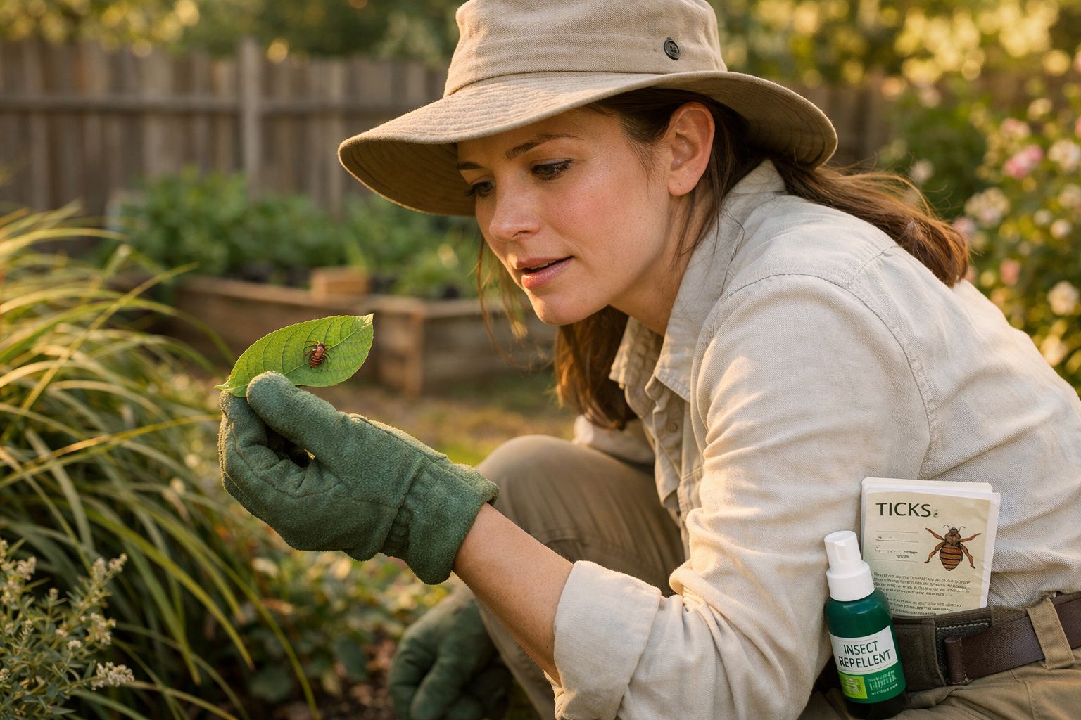 Mulher de chapéu e luvas verdes examina folha com carrapato em jardim, com repelente e guia sobre carrapatos ao lado.