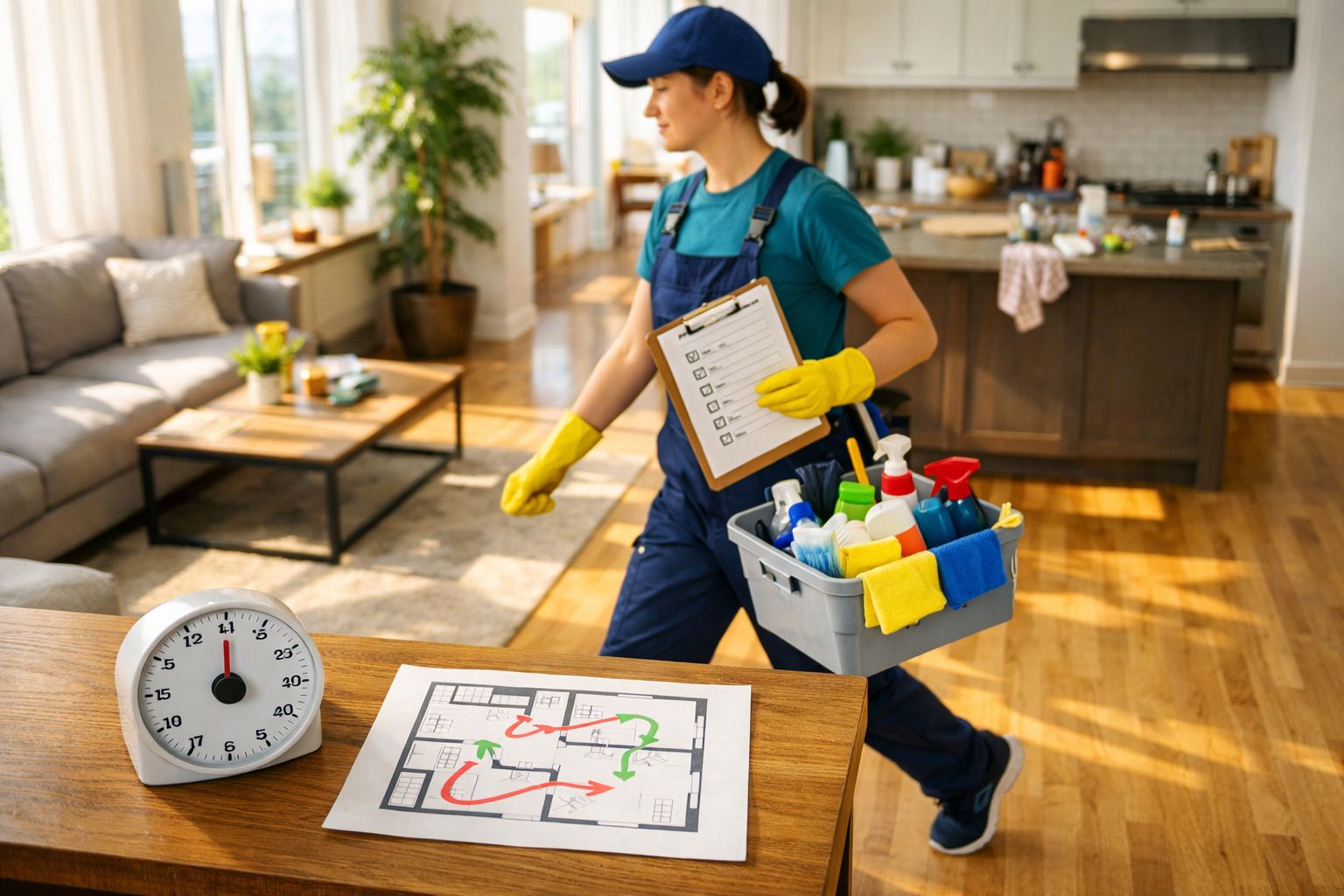 Mulher vestindo uniforme e luvas amarelas segurando produtos de limpeza e uma prancheta em uma casa iluminada.