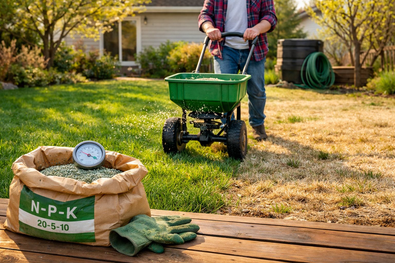 Pessoa aplicando fertilizante em gramado com espalhador, saco de fertilizante e luvas sobre madeira na frente.
