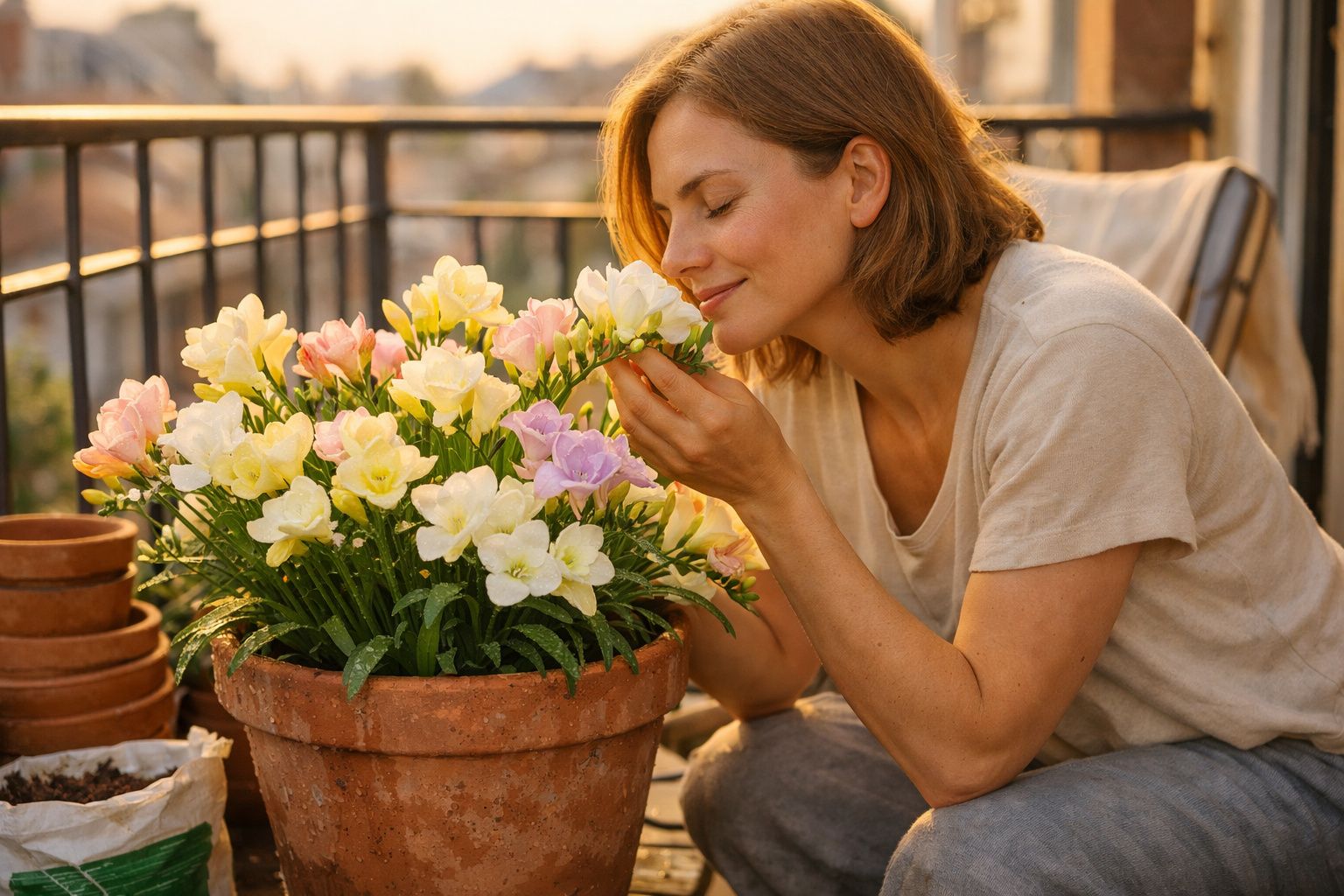 Mulher sentada em varanda cheirando flores coloridas em vaso de barro ao entardecer.