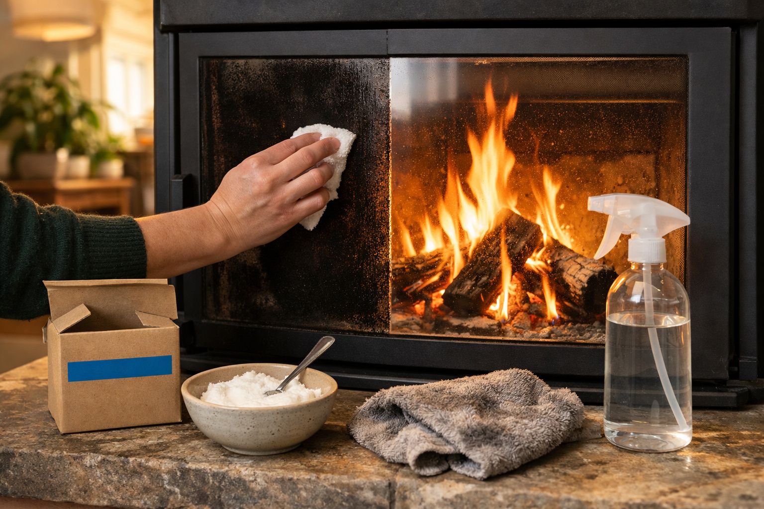 Pessoa limpando a porta de vidro de uma lareira com pano, bicarbonato e borrifador com água.