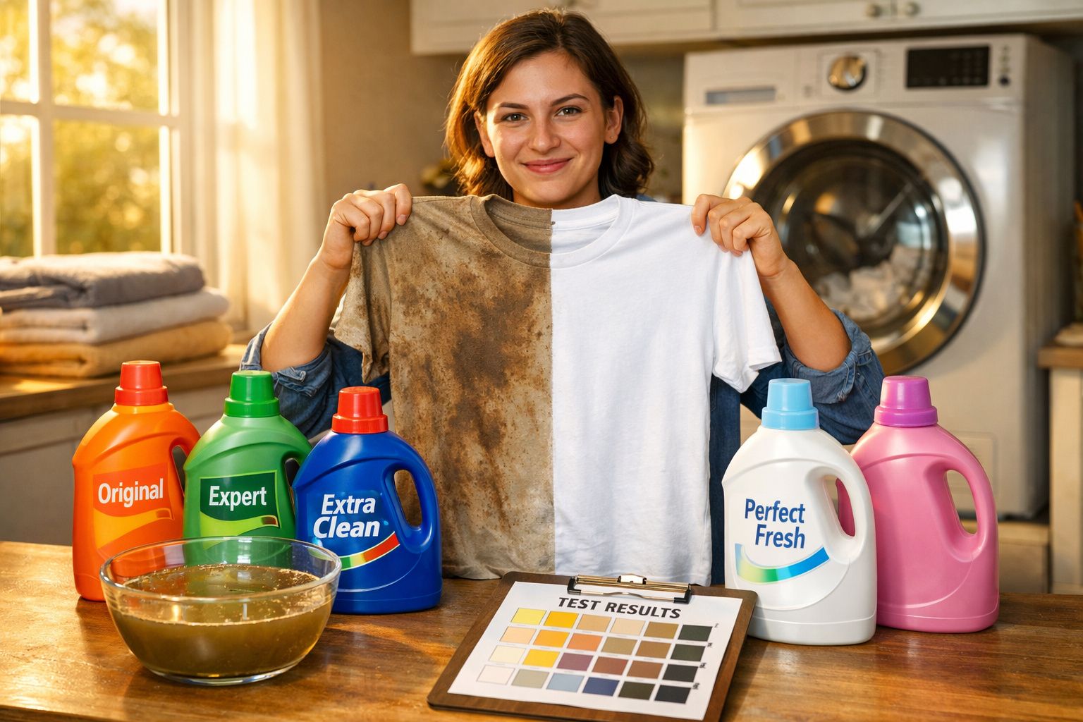 Mulher mostrando camiseta metade suja, metade limpa, com detergentes de lavagem e máquina ao fundo.