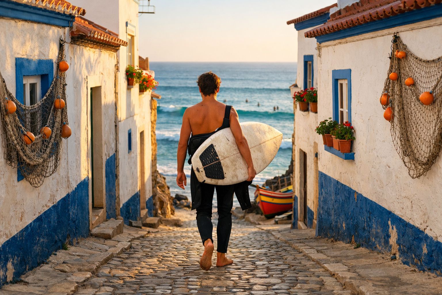 Surfista carregando prancha andando por viela de vila litorânea com casas brancas e azuis ao entardecer.