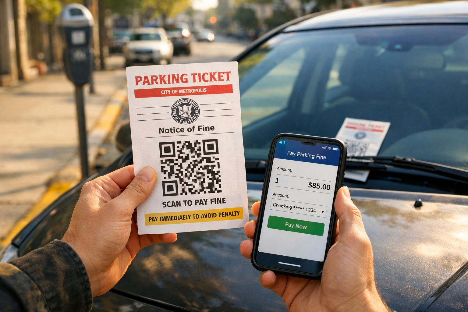 Pessoa segurando multa de estacionamento com QR code e celular para pagamento digital de $85,00.