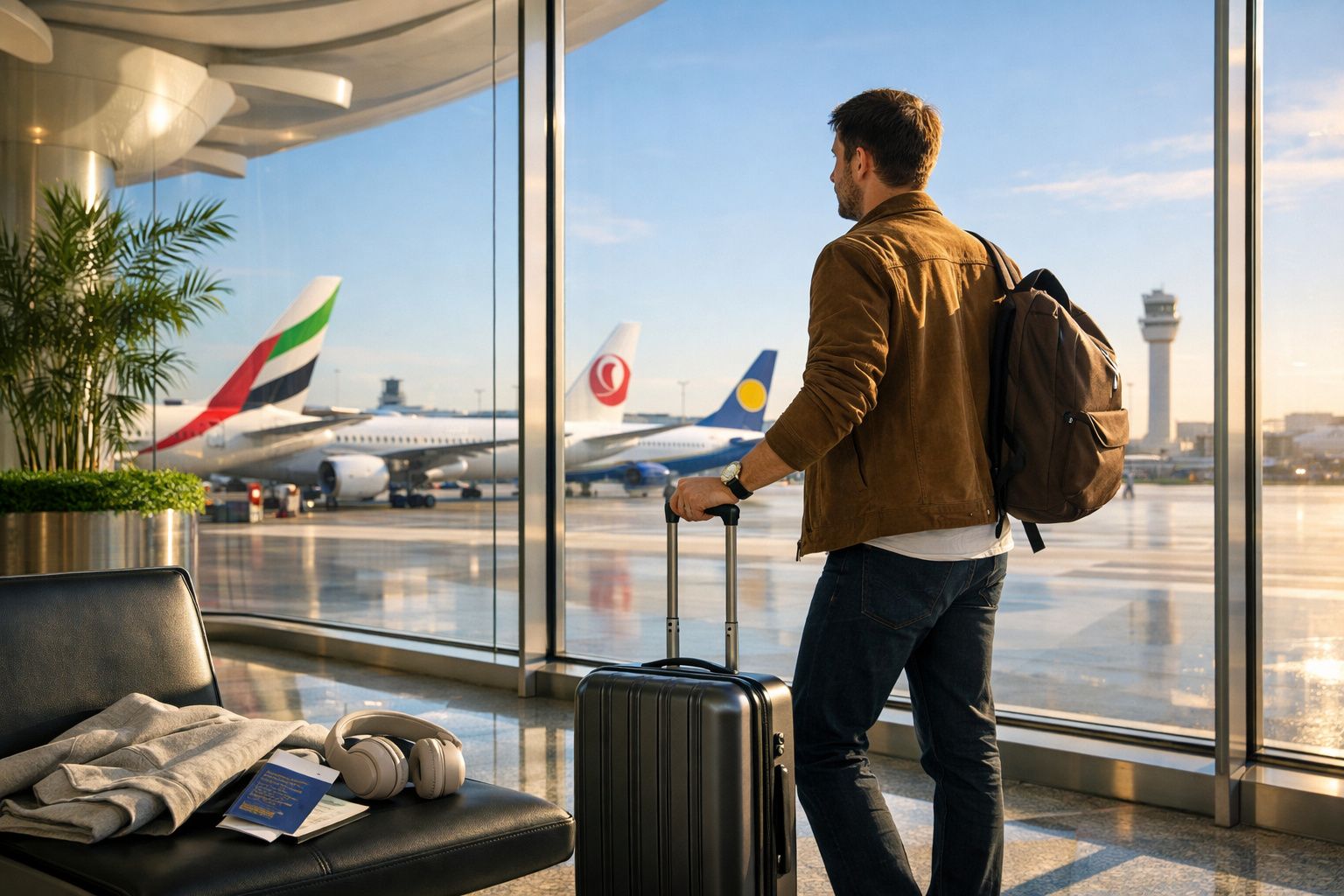 Homem com mochila e mala em aeroporto olhando para aviões estacionados ao pôr do sol.