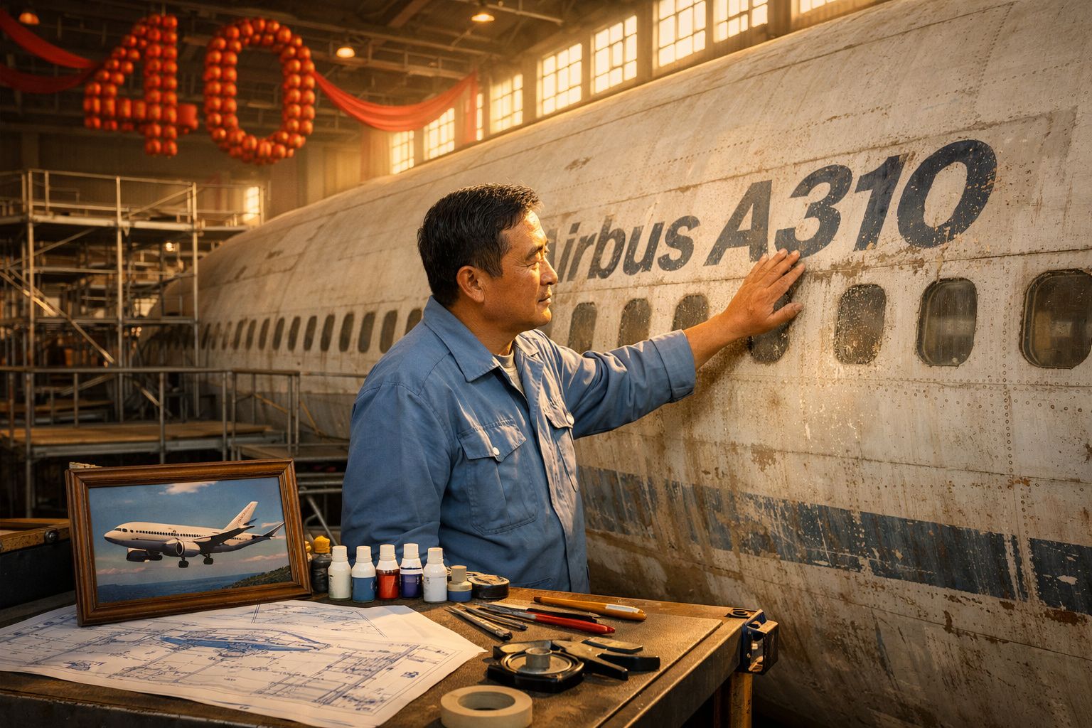 Homem em macacão azul encostado em fuselagem antiga do Airbus A310 dentro de hangar iluminado.
