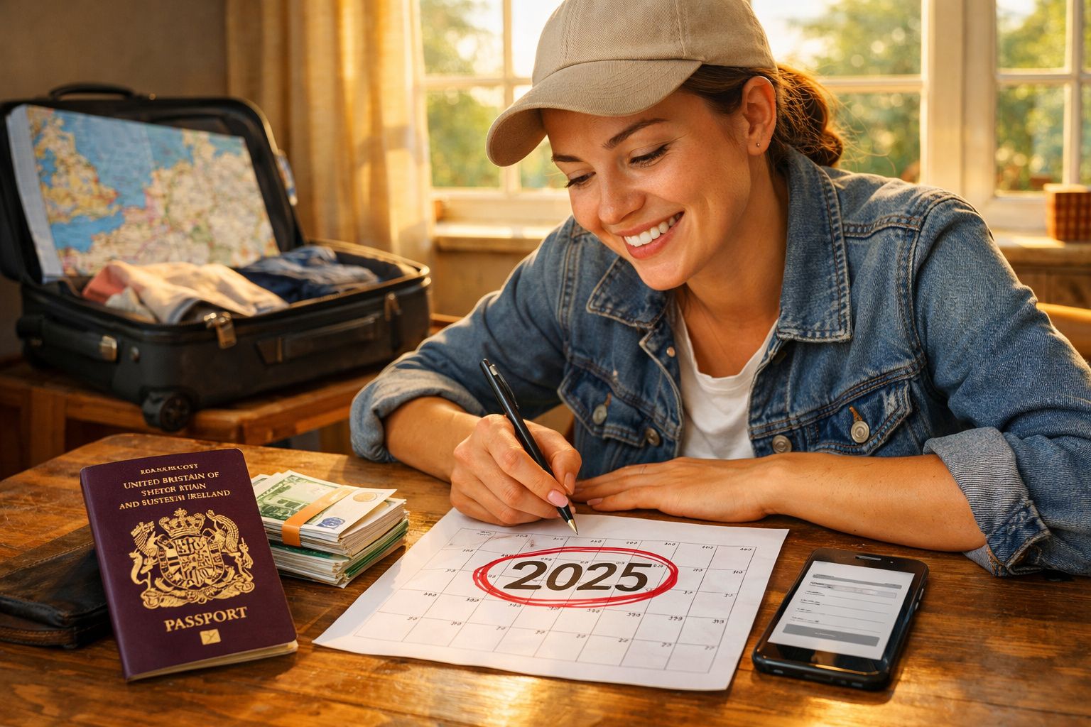 Mulher sorridente planejando viagem em 2025, com passaporte, dinheiro e mala ao fundo.