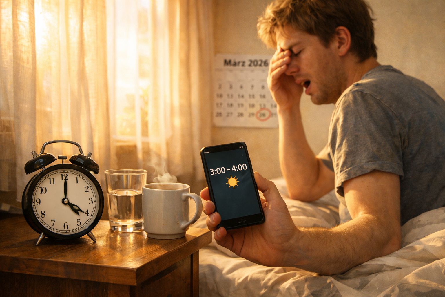 Homem cansado na cama olhando para celular com alarme, ao lado despertador, copo d'água e xícara de café.