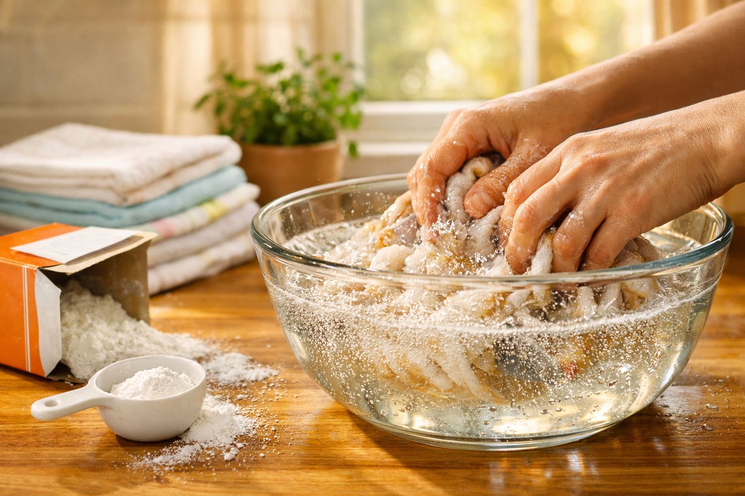 Mãos esfregando roupa branca em tigela de vidro com água e sabão em pó sobre mesa de madeira.