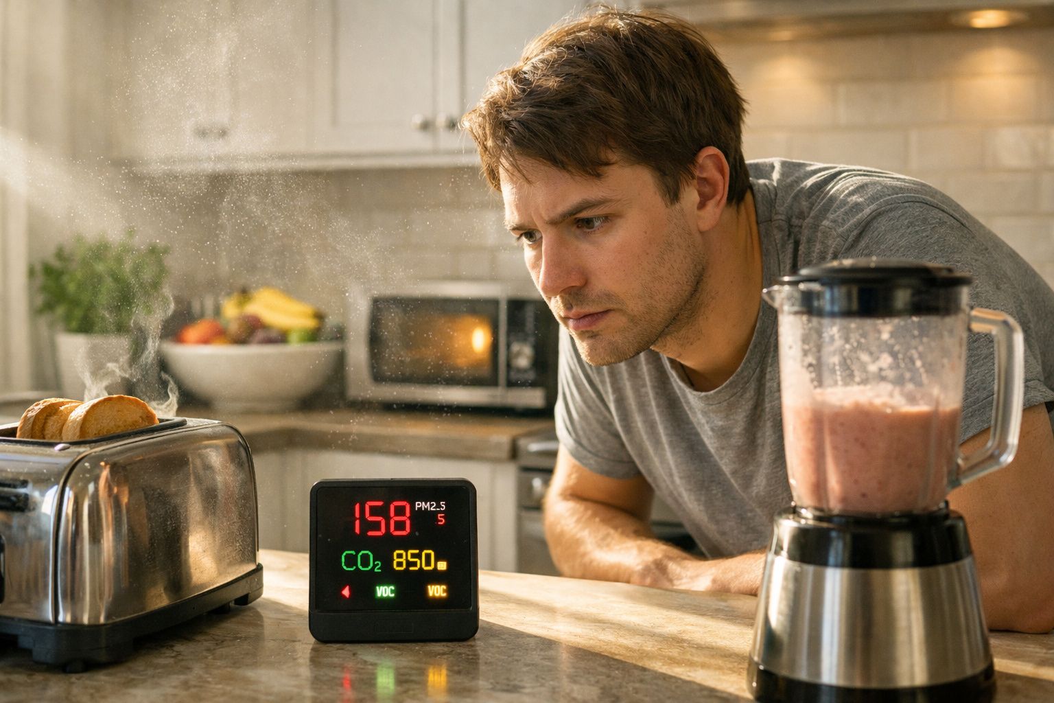 Homem observa dispositivo medindo qualidade do ar na cozinha com torradeira e liquidificador ao redor.