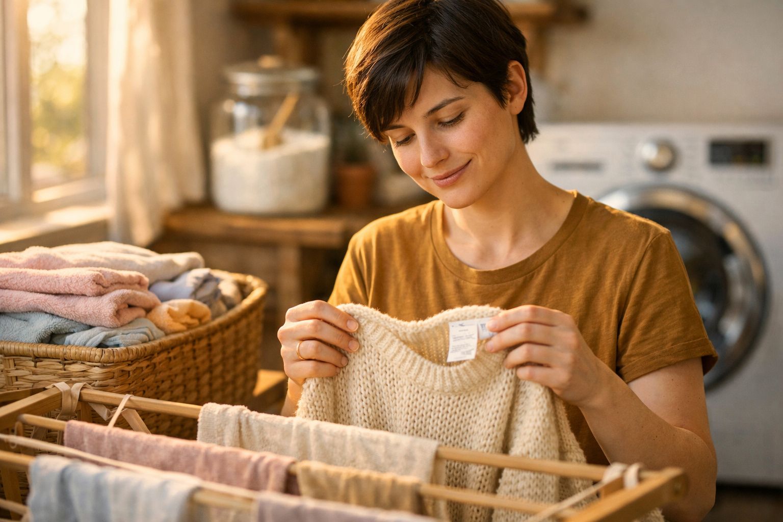 Mulher sorrindo verifica etiqueta de suéter enquanto roupas secam em varal dentro de lavanderia ensolarada.