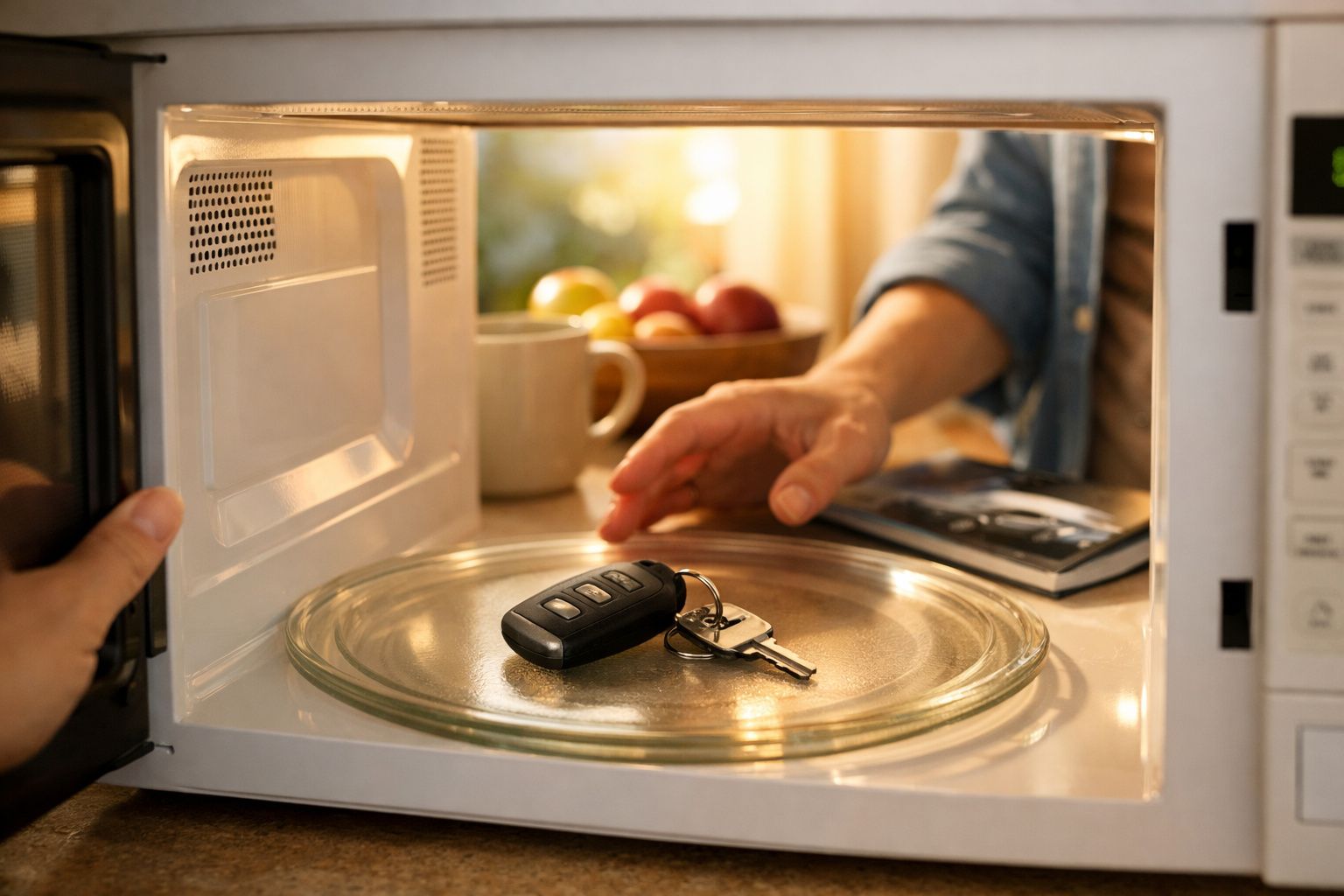 Pessoa alcançando chaves de carro dentro de um micro-ondas aberto em uma cozinha iluminada.