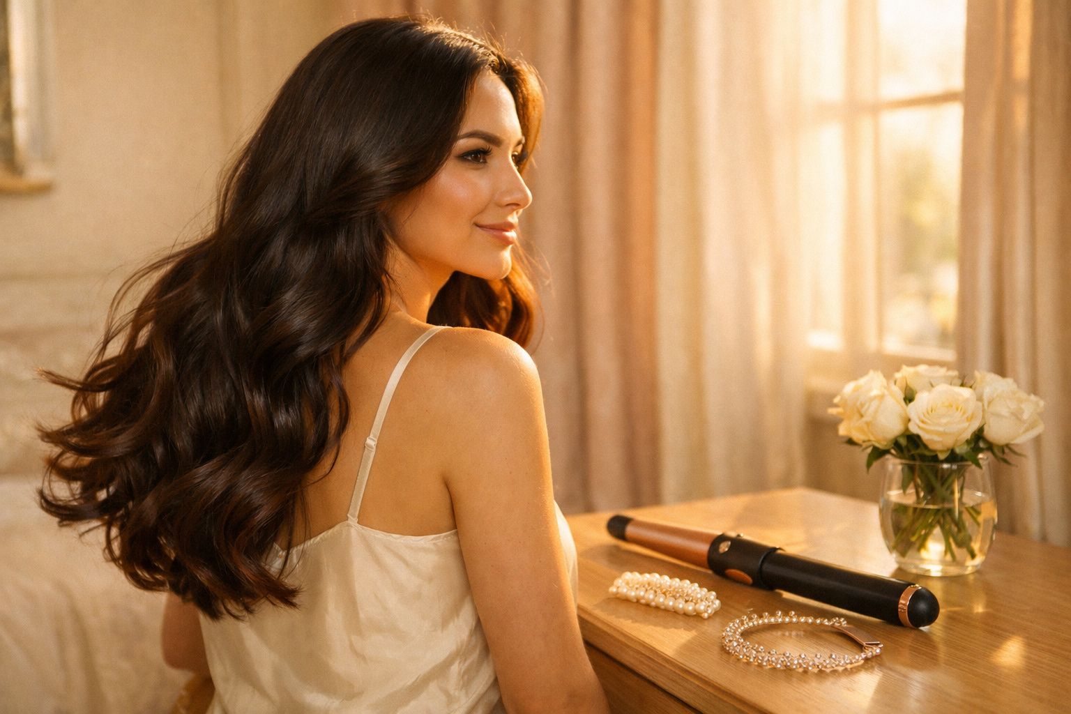 Mulher sorridente com cabelo longo e ondulado, sentado de lado em frente a uma mesa com flores e acessórios.