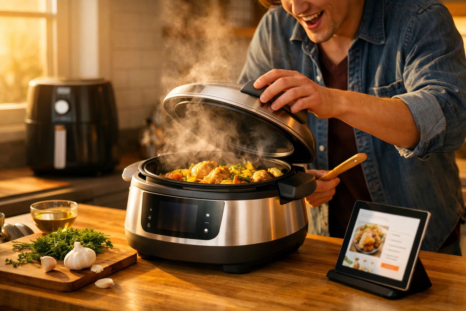 Pessoa abrindo panela elétrica com comida quente e vapor na cozinha moderna.