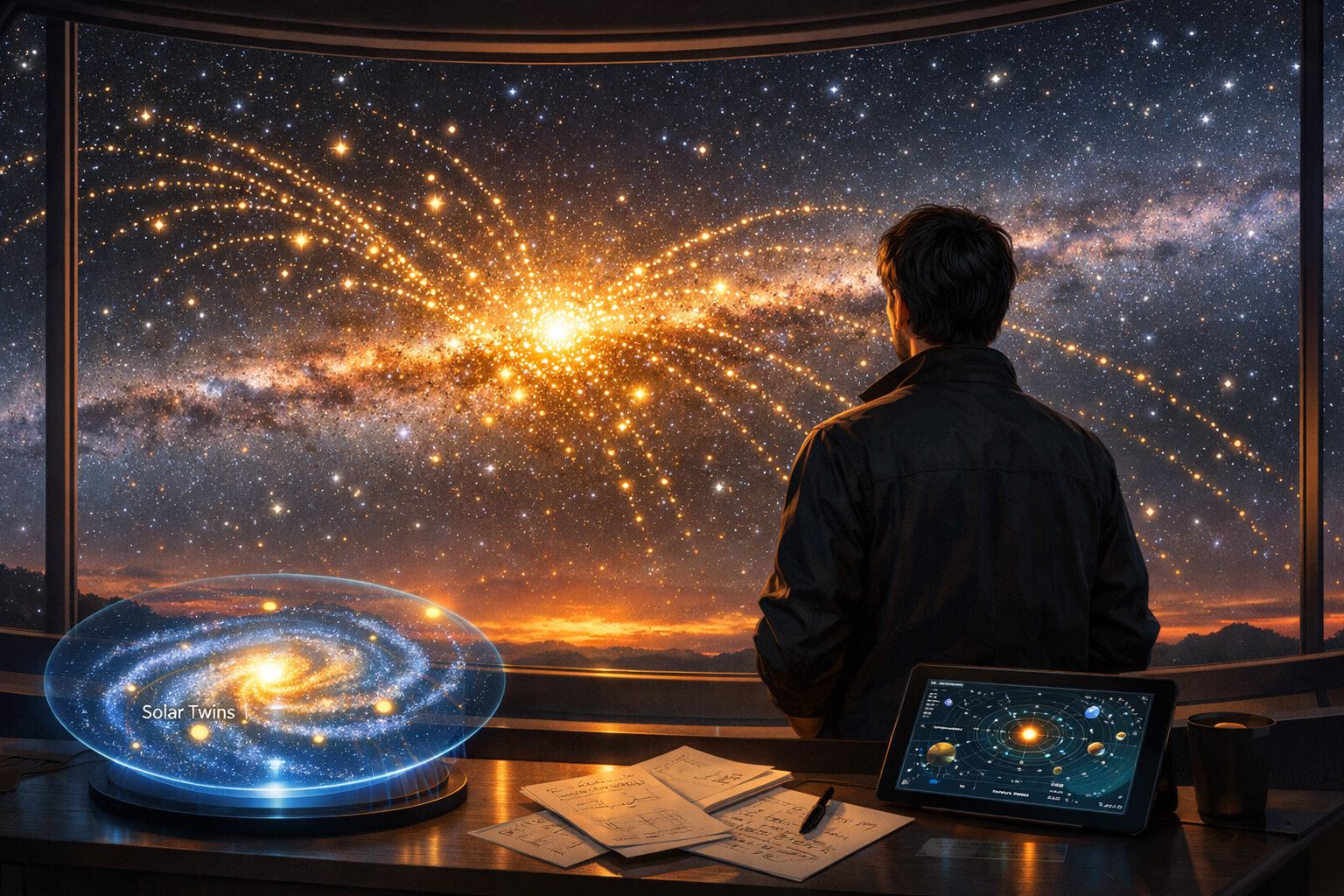 Pessoa observa galáxia brilhante com modelo holográfico e tablet mostrando sistema solar em laboratório.