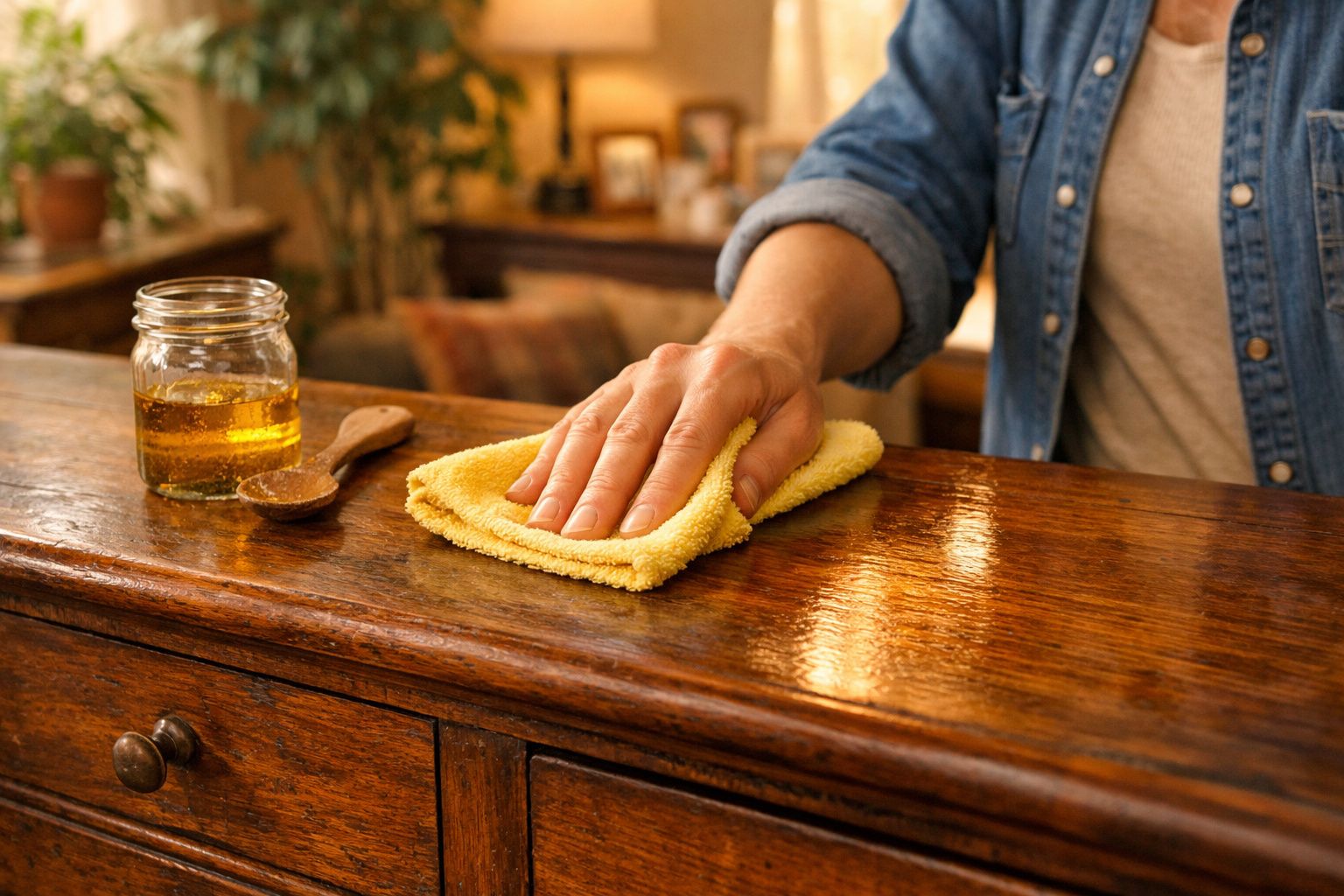 Pessoa usando pano amarelo para limpar e polir uma superfície de madeira com vidro de óleo ao lado.
