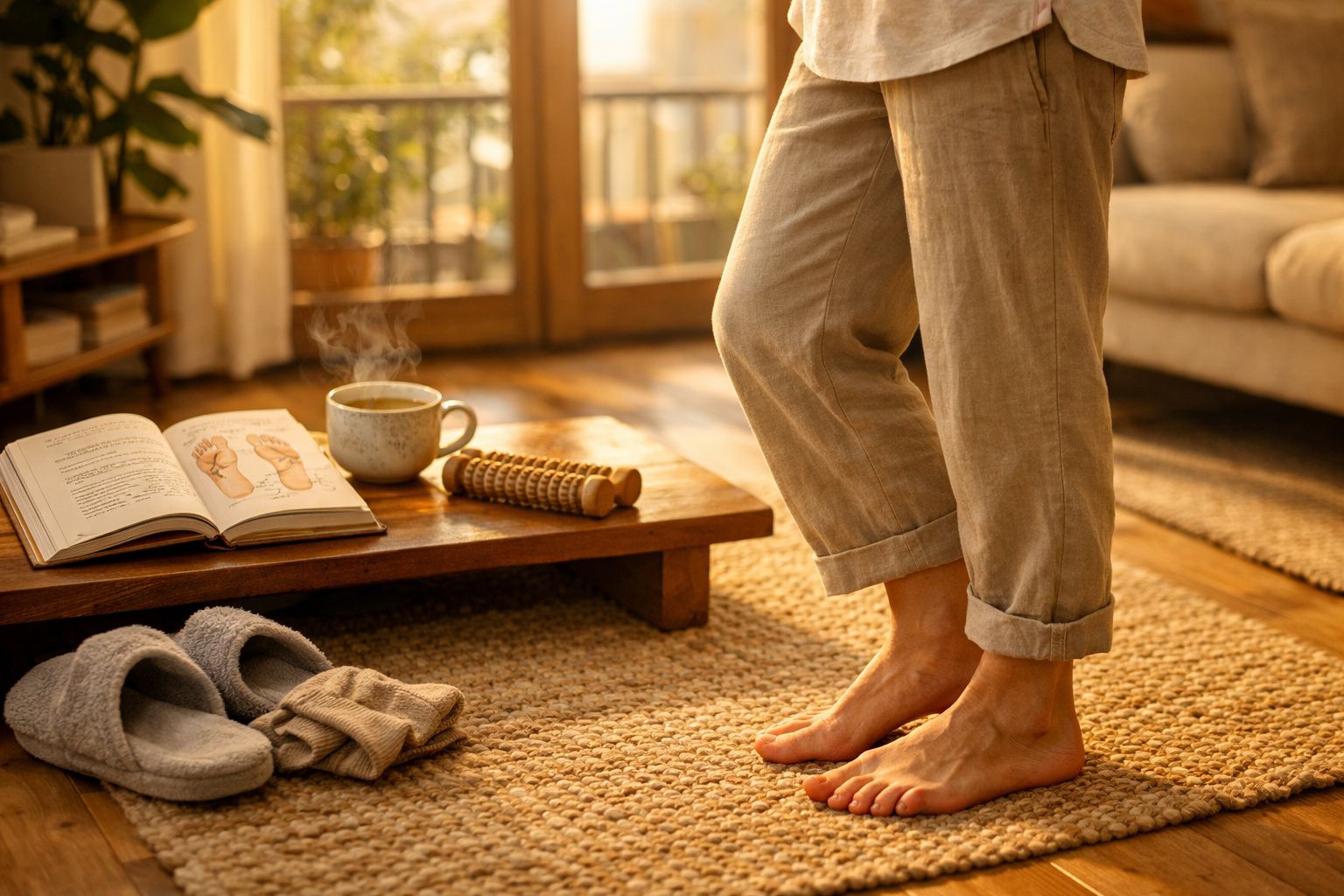 Pessoa descalça em tapete de palha próxima a mesa com livro, caneca fumegante e massageador de pés.