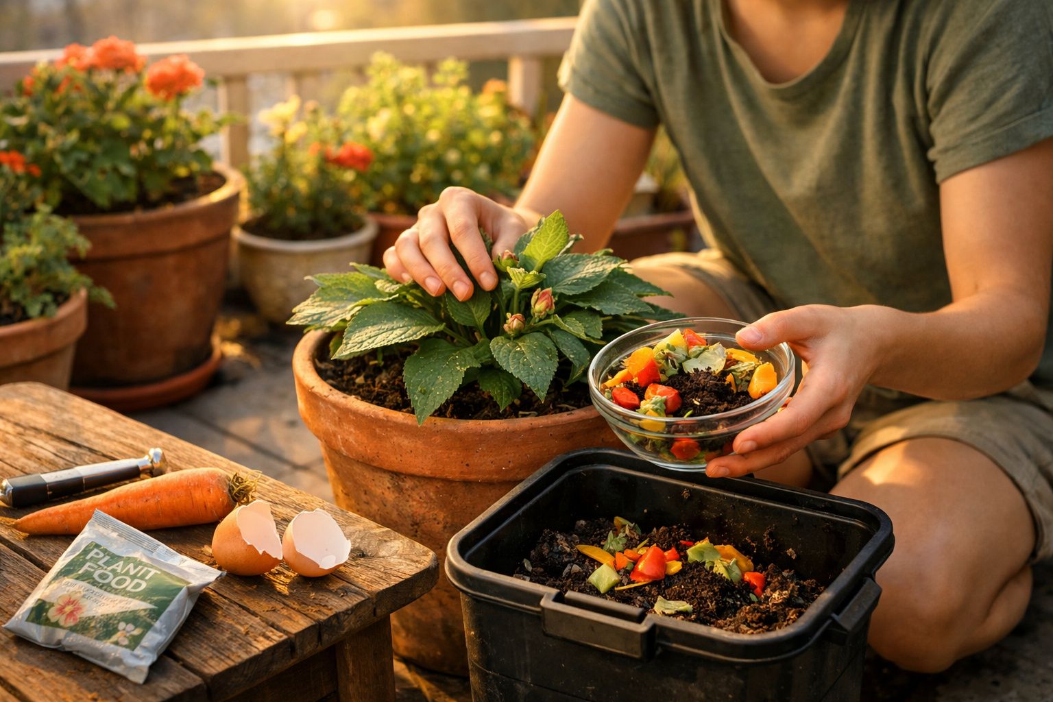 Pessoa preparando composto orgânico para plantas em vasos ao ar livre em ambiente ensolarado.