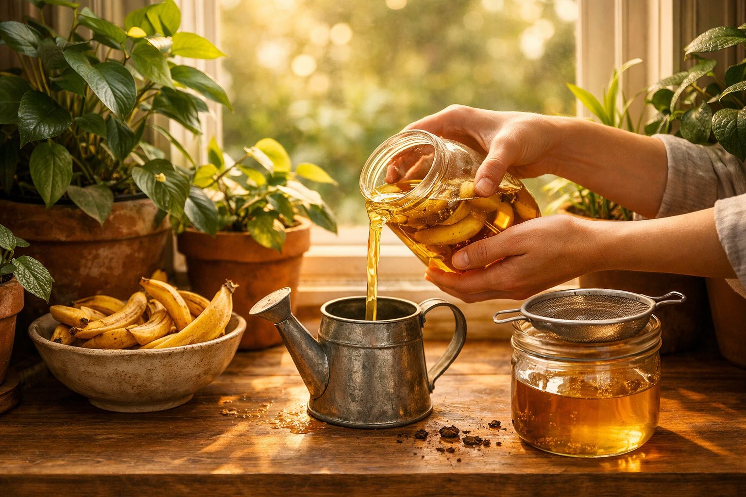 Mãos despejando líquido dourado de pote em regador metálico, cercado por plantas e bananas em ambiente ensolarado.