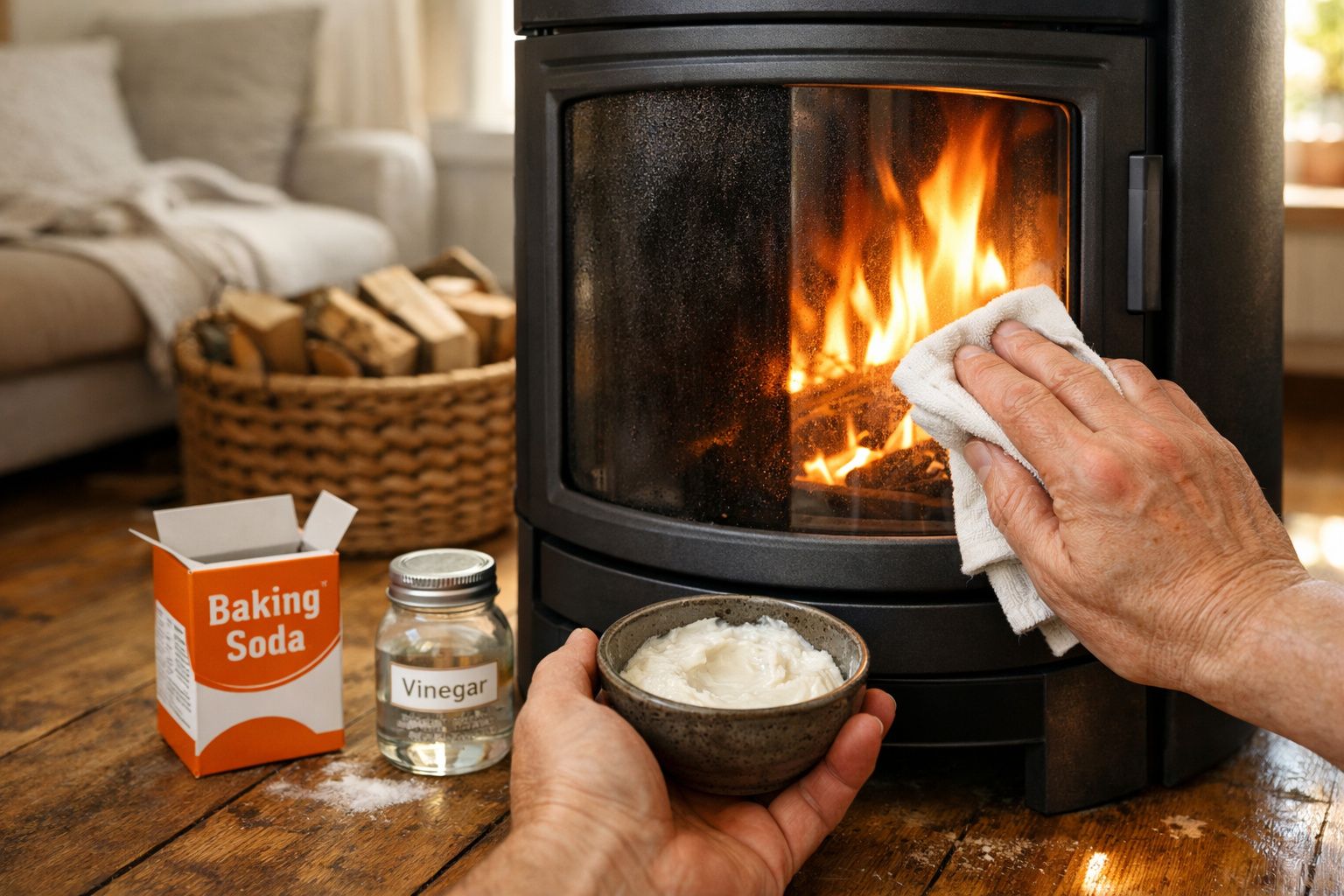 Pessoa limpando vidro de lareira acesa com pano, perto de bicarbonato e vinagre sobre mesa de madeira.