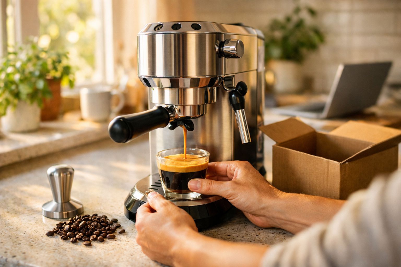 Pessoa preparando café espresso em máquina inox com grãos de café ao lado na bancada da cozinha.