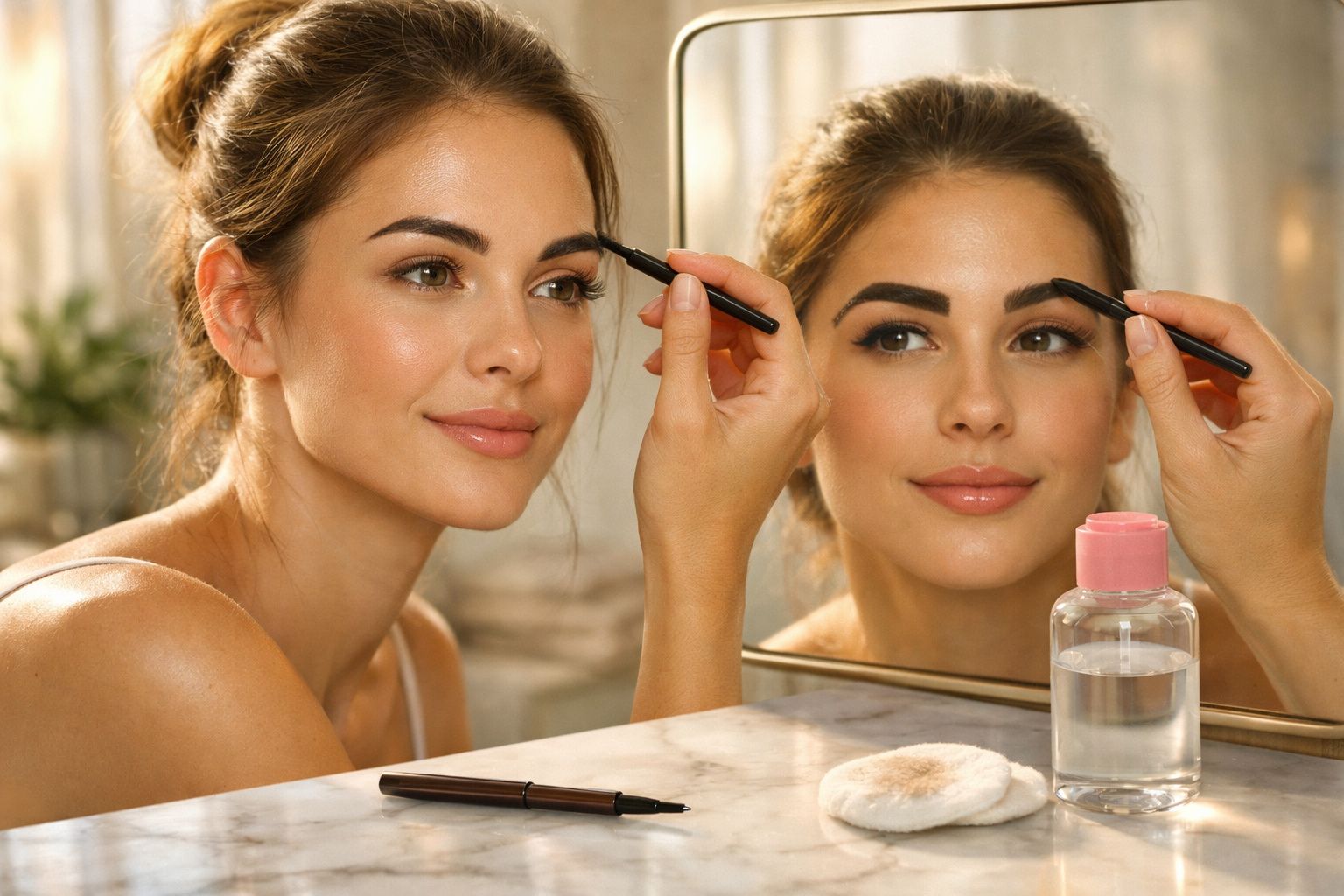 Mulher aplicando maquiagem nas sobrancelhas, olhando para o espelho em ambiente iluminado.