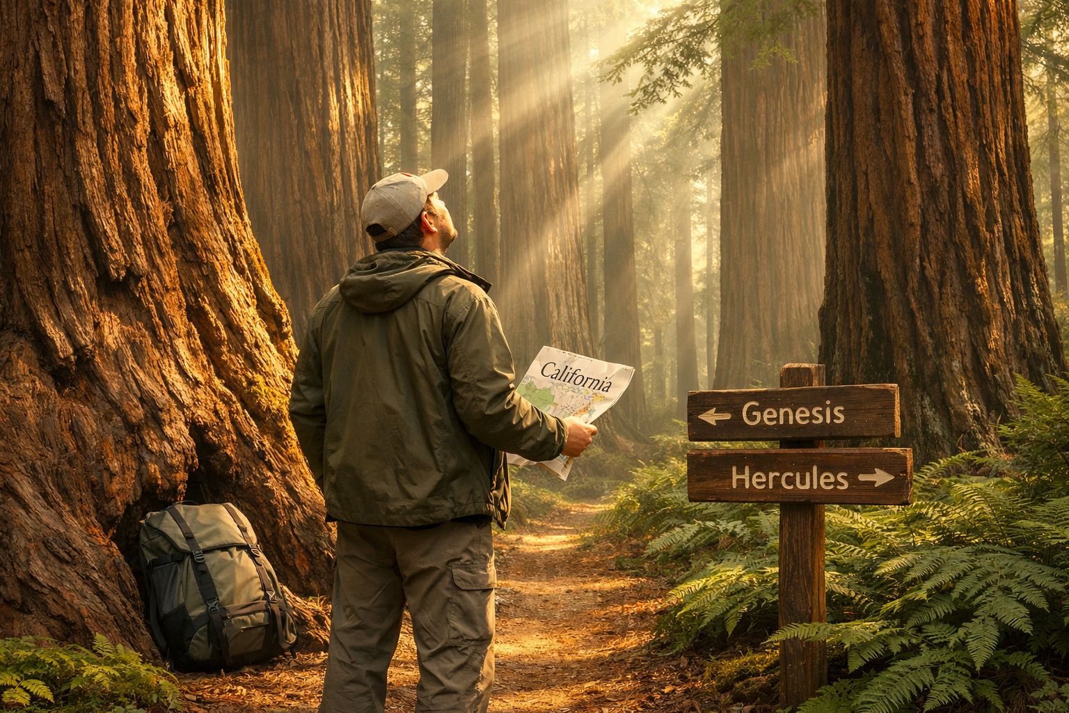 Homem com mochila e mapa observa placas de trilha em floresta iluminada pelo sol entre árvores altas.