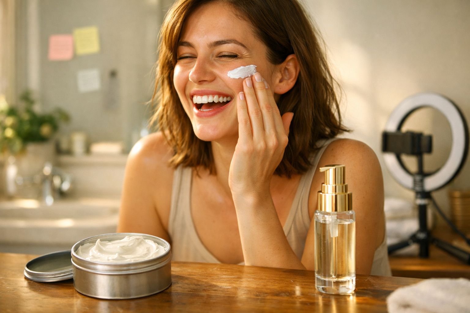 Mulher sorridente aplicando creme no rosto em ambiente iluminado, com frascos de cosméticos sobre a mesa.