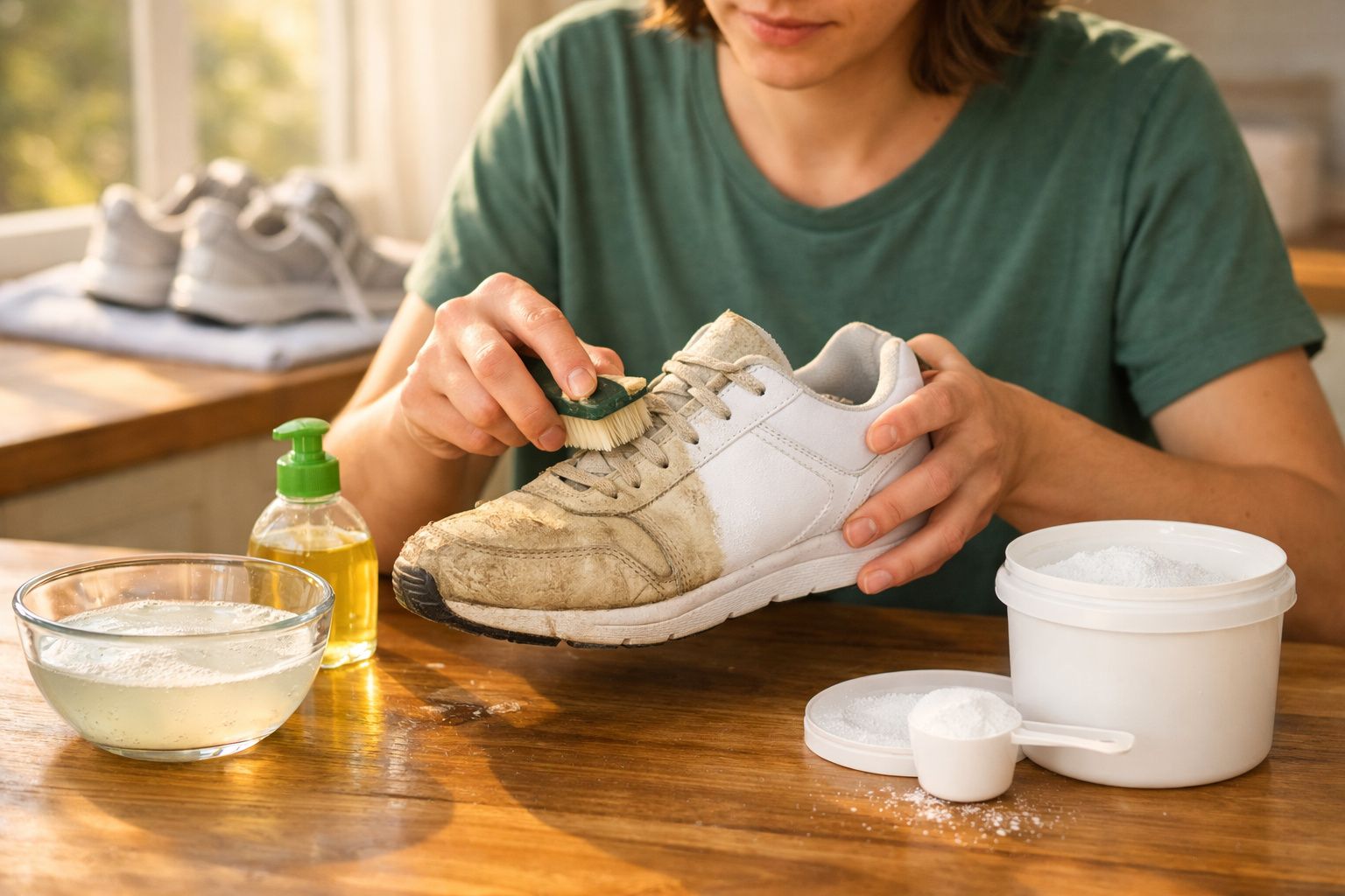 Pessoa limpando tênis branco sujo com escova, bicarbonato e solução de limpeza em mesa de madeira.