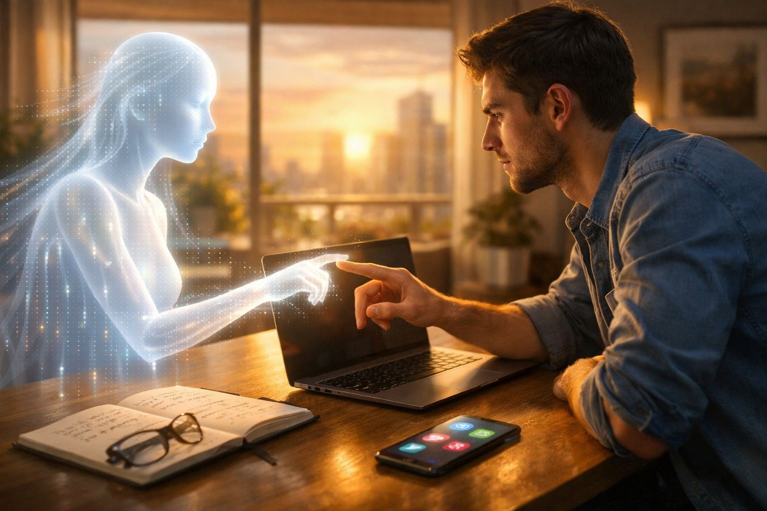 Homem interagindo com holograma de figura humana enquanto está em uma mesa com notebook, celular e caderno.