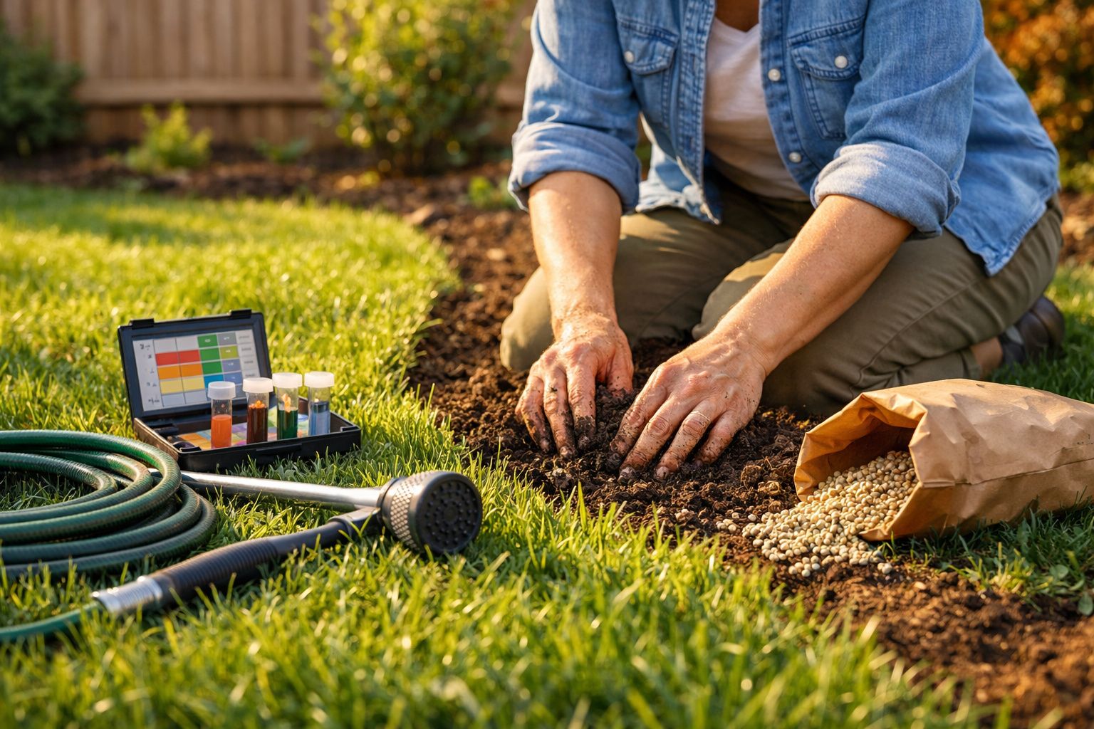 Pessoa preparando solo para plantio no jardim, com sementes e equipamentos de jardinagem ao redor.