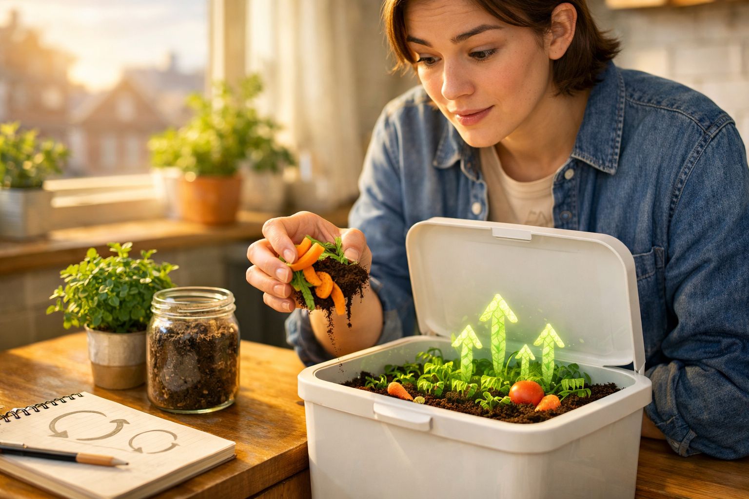 Pessoa plantando cenouras em composteira doméstica com setas verdes simbolizando crescimento.