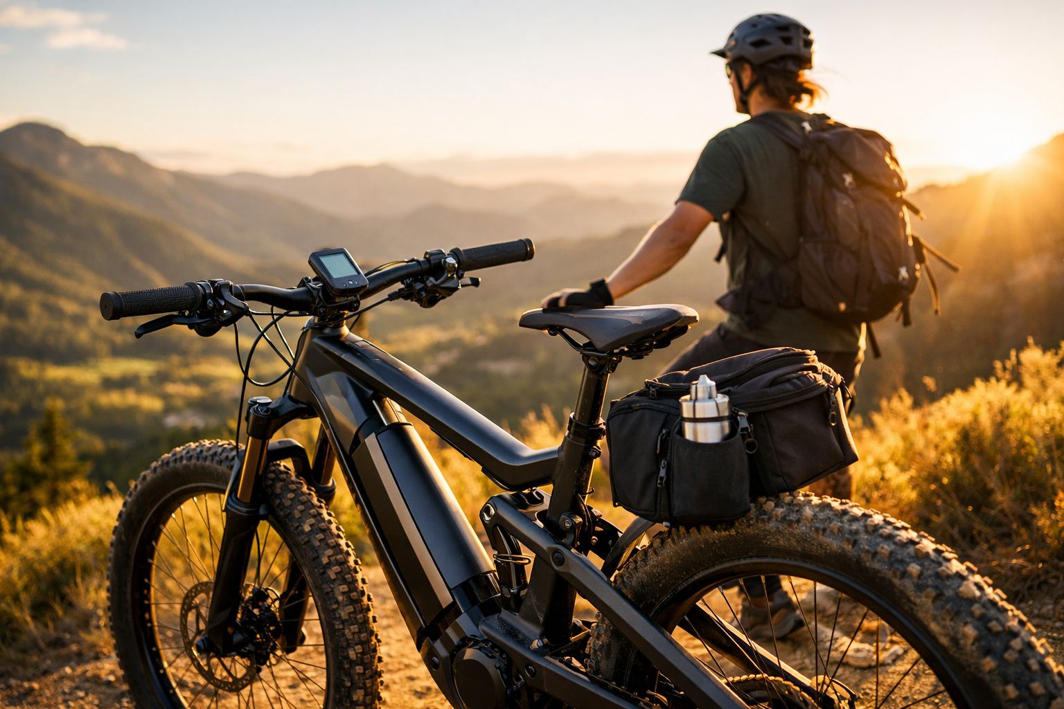 Homem com mochila olhando para a paisagem montanhosa ao pôr do sol ao lado de bicicleta elétrica preta.