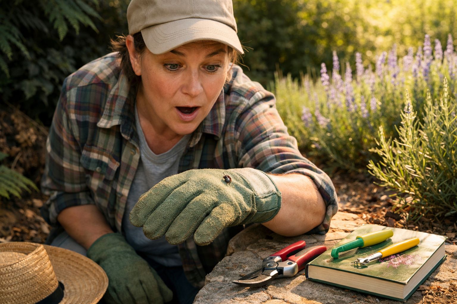 Mulher surpresa observando uma joaninha em sua luva de jardinagem ao ar livre.