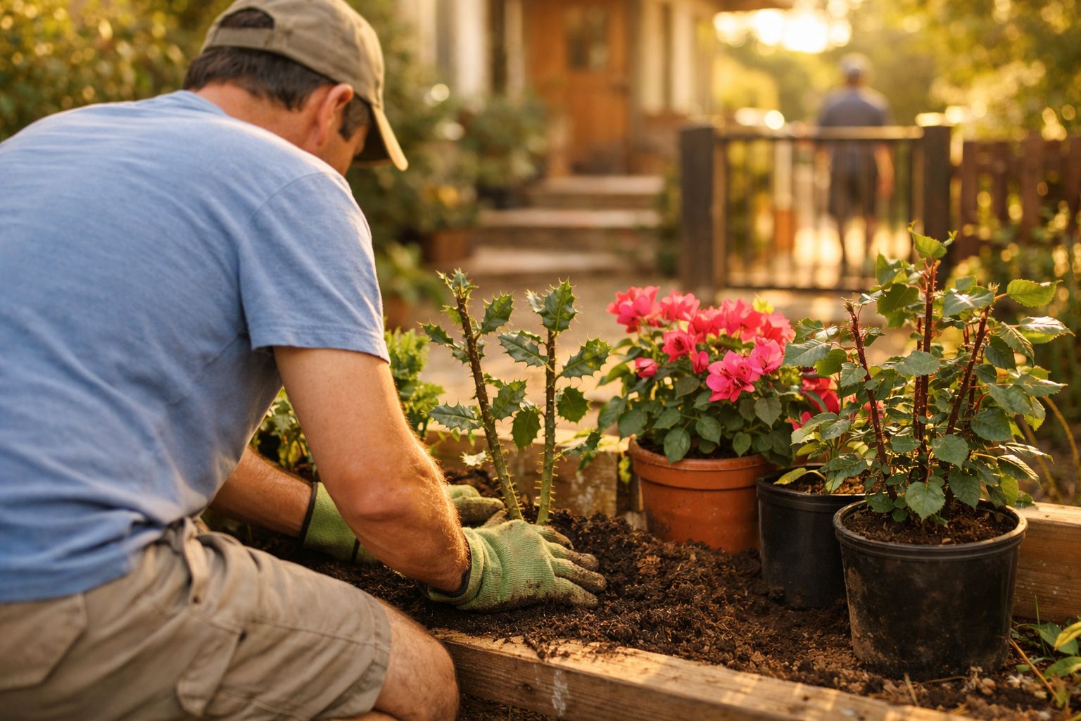 Homem jardineiro planta flores e roseiras em vaso no jardim durante o dia com luz dourada.