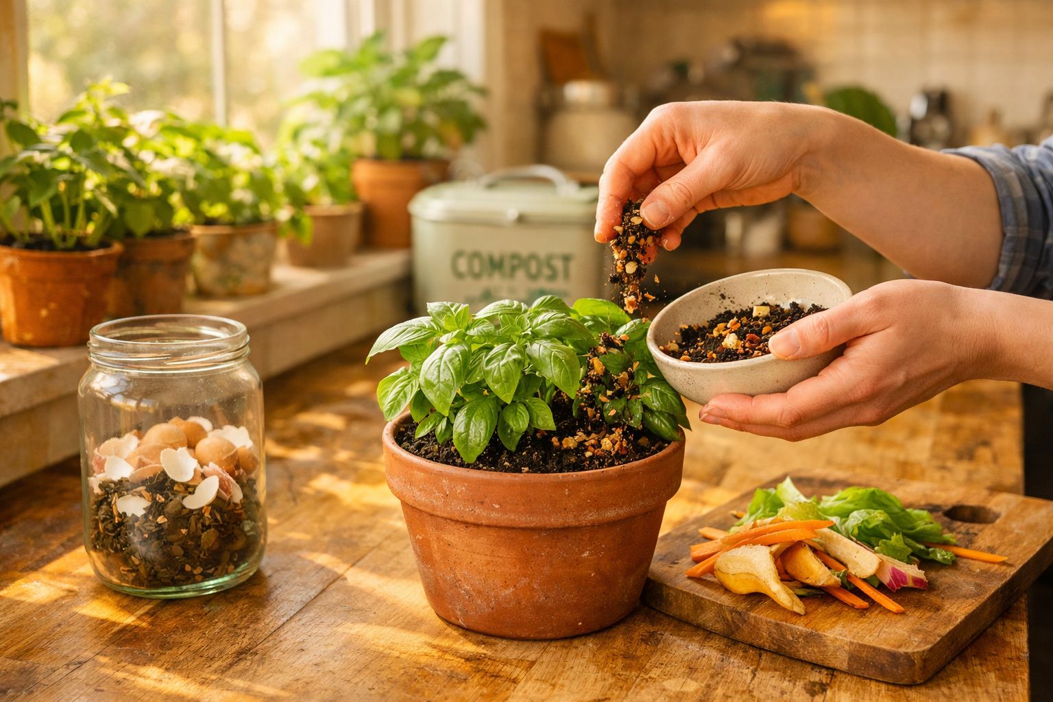 Pessoa adicionando composto orgânico no vaso com planta de manjericão em cozinha iluminada pelo sol.