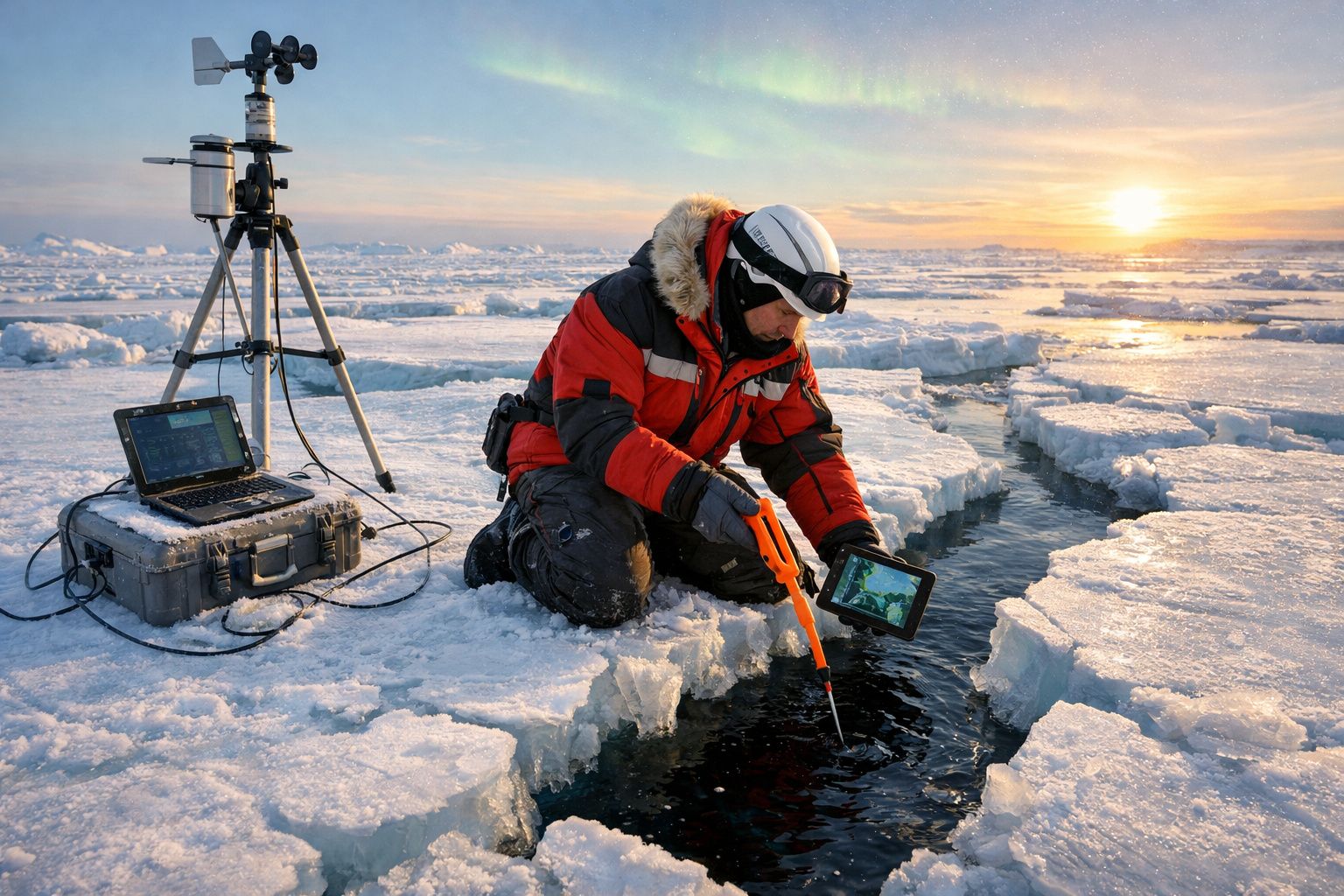 Cientista em roupa térmica coleta amostra da água no gelo polar durante pôr do sol.