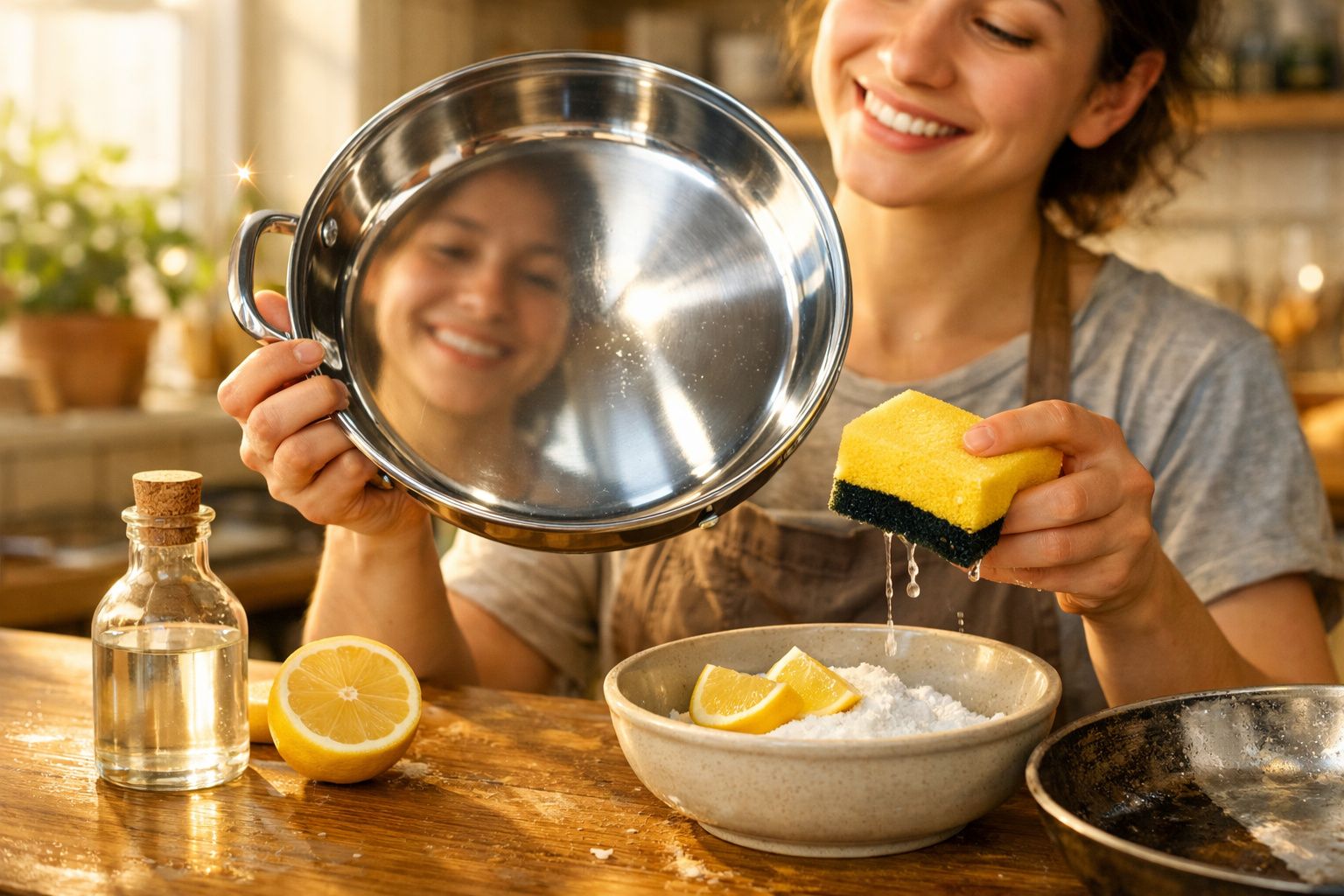 Mulher sorridente limpando panela de inox na cozinha com esponja, limão e bicarbonato em tigela.