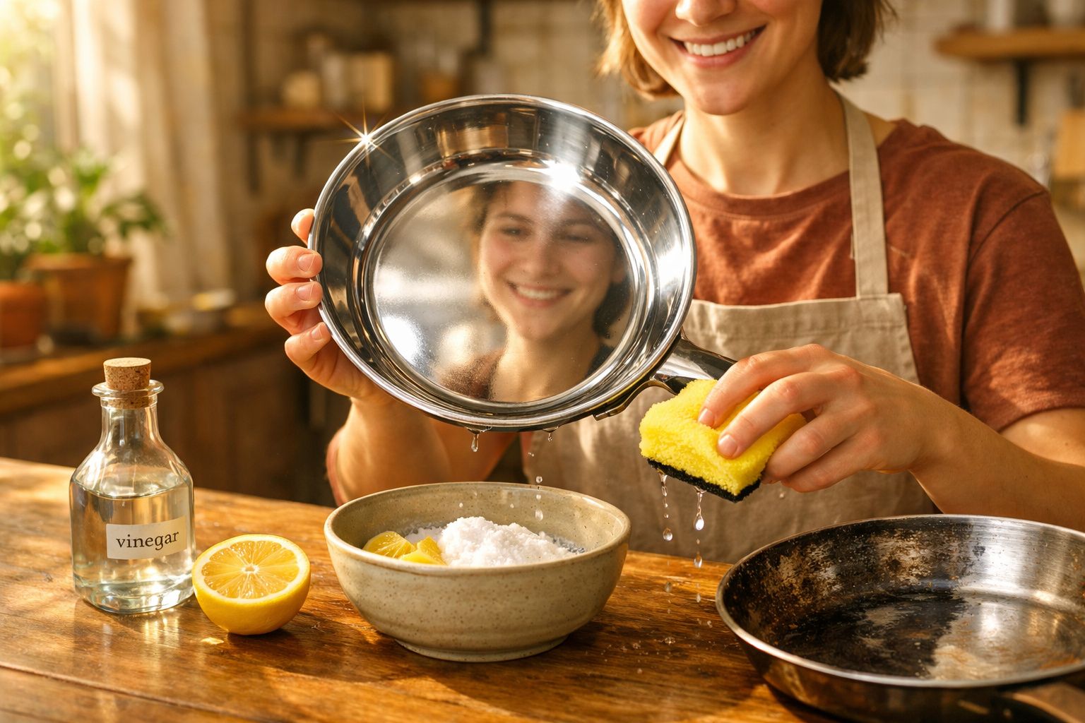 Pessoa preparando mistura de limpeza natural com vinagre, limão, bicarbonato de sódio e esponja amarela.