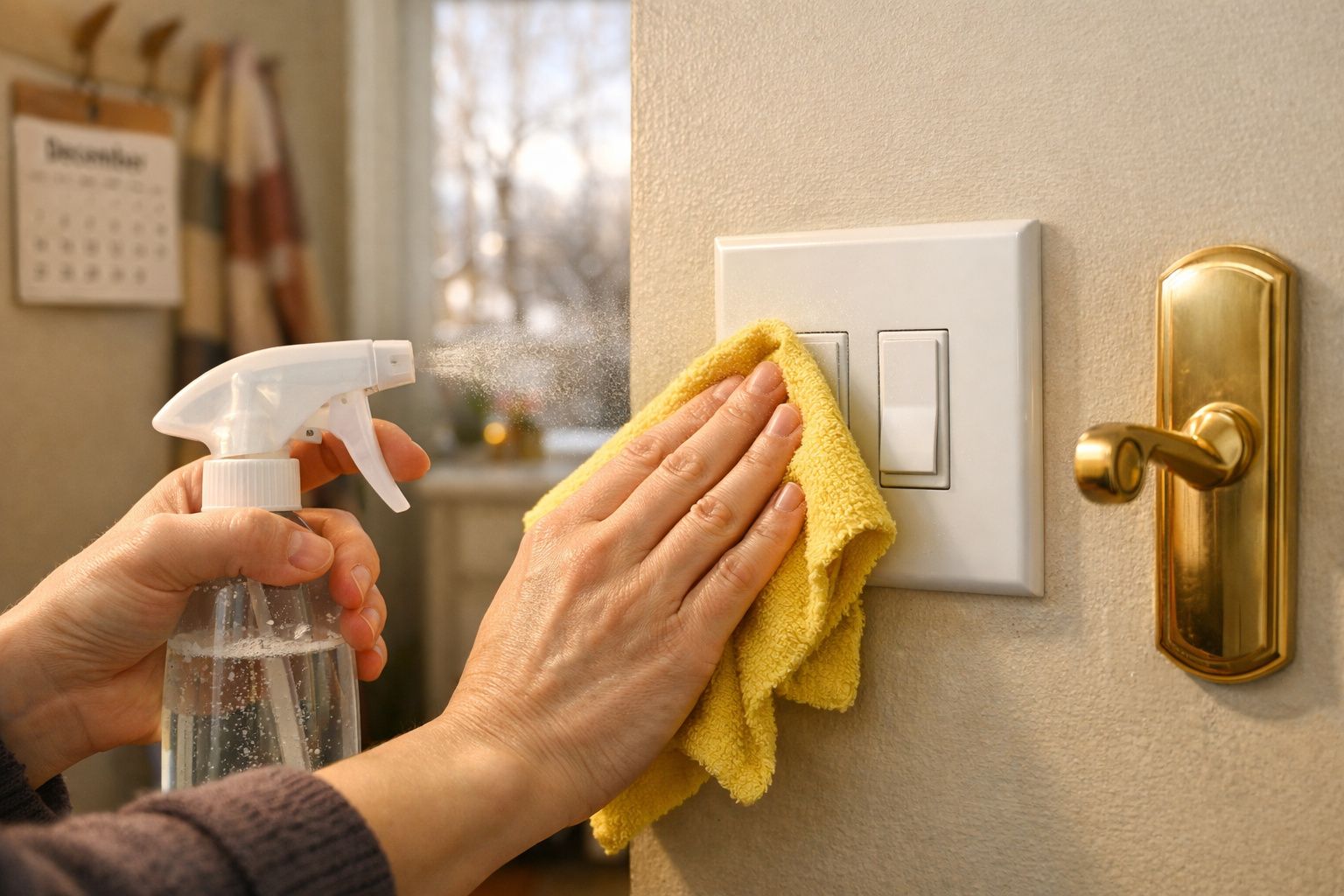 Mãos limpando interruptor de luz com pano amarelo e borrifador em parede perto de maçaneta dourada.