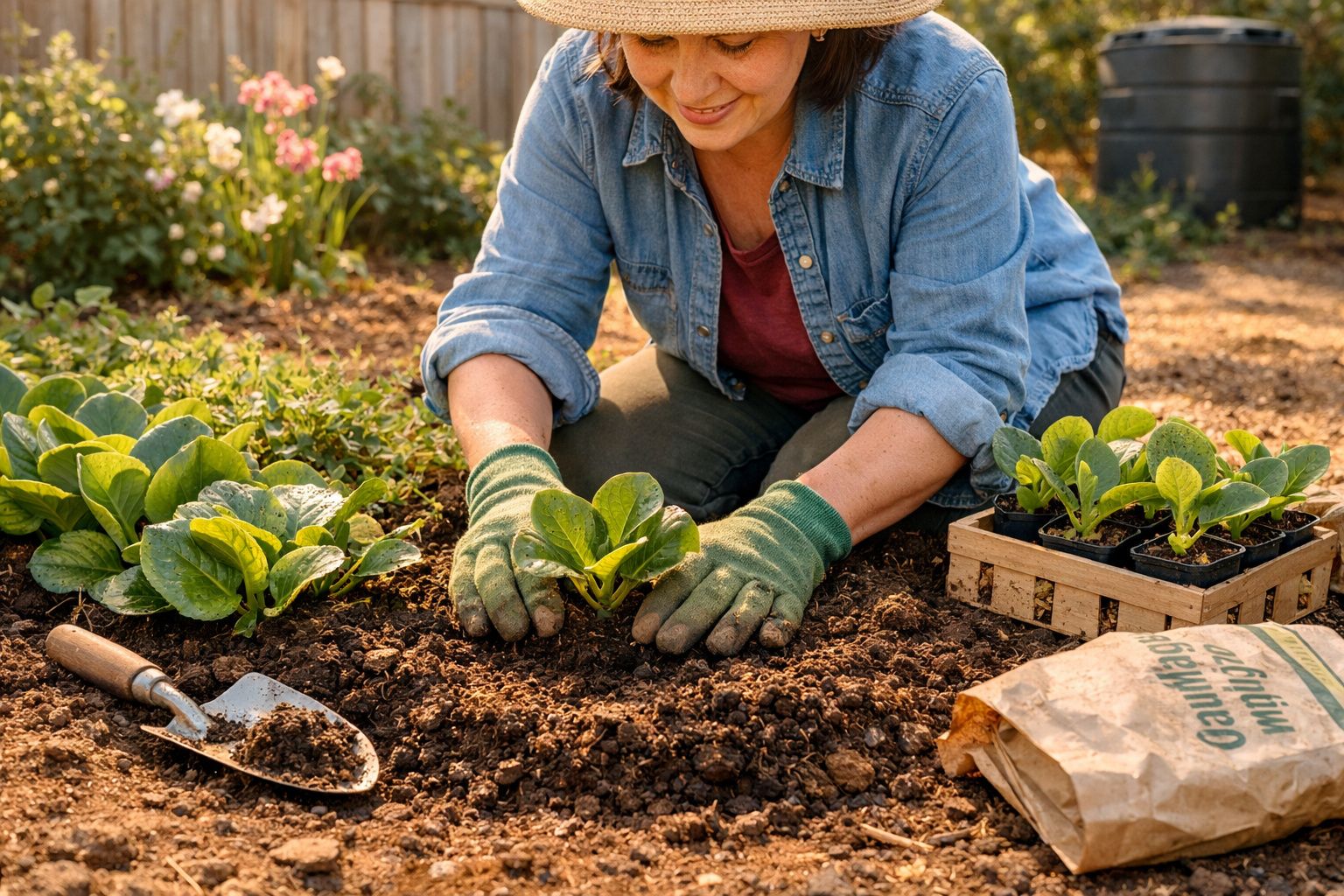 Mulher plantando mudas de hortaliças usando luvas em jardim ensolarado.