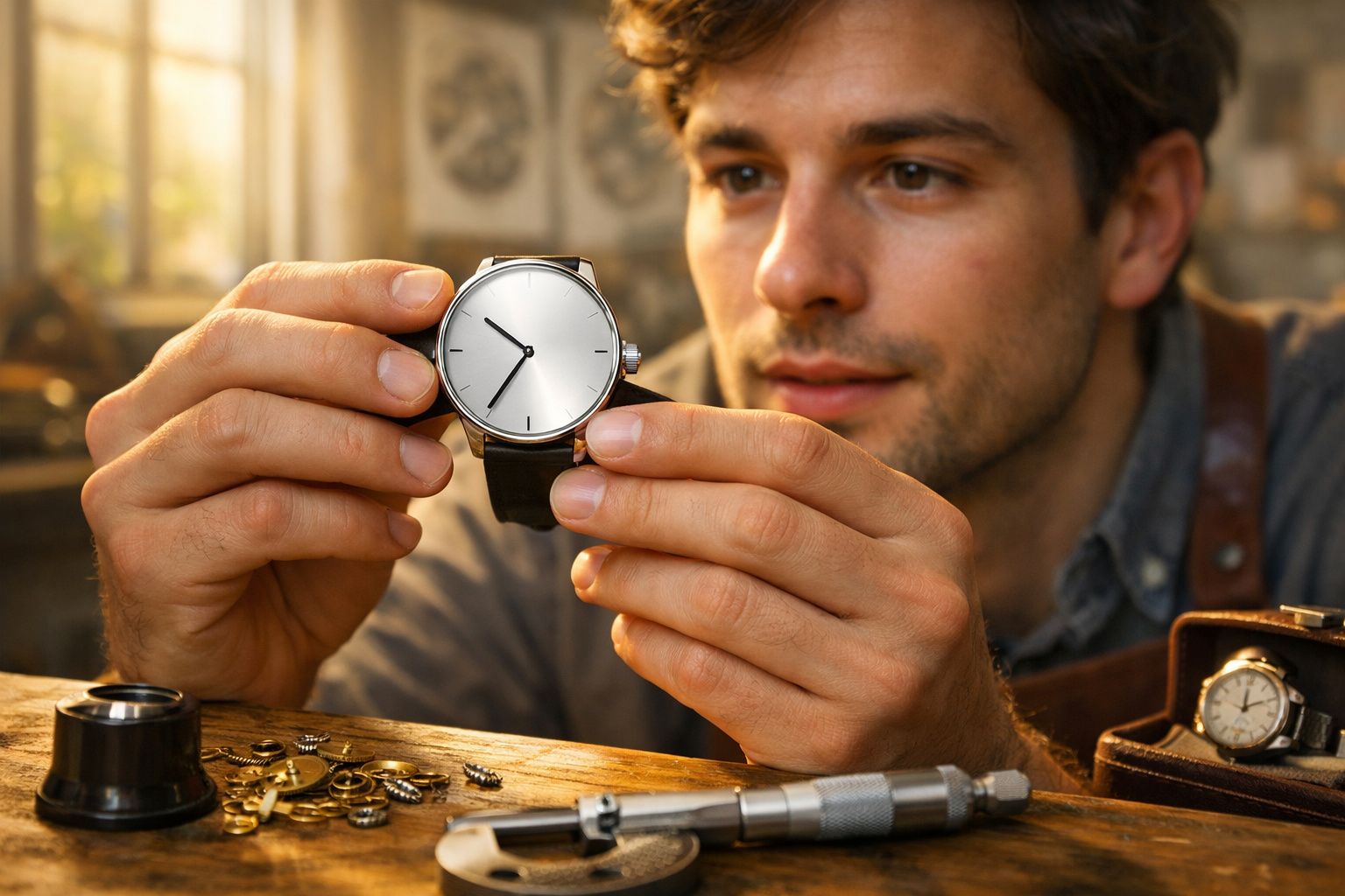 Homem segurando e examinando um relógio de pulso em oficina de relojoaria com peças ao redor.