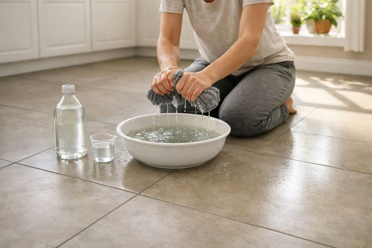 Pessoa espremendo pano úmido sobre bacia com água, garrafa e copo com líquido sobre piso cerâmico.