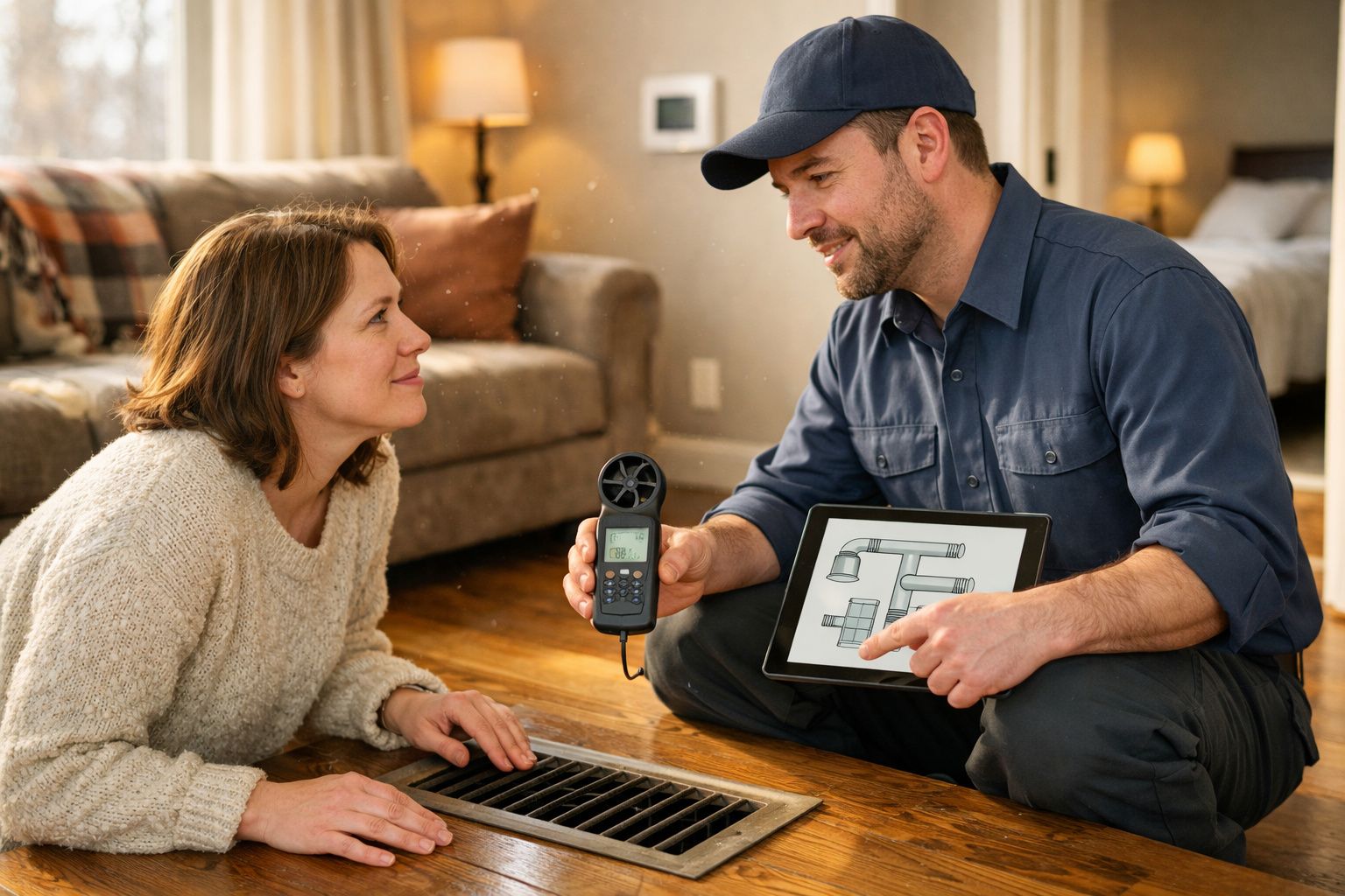 Homem com uniforme e boné mede fluxo de ar e mostra planta em tablet para mulher em casa.
