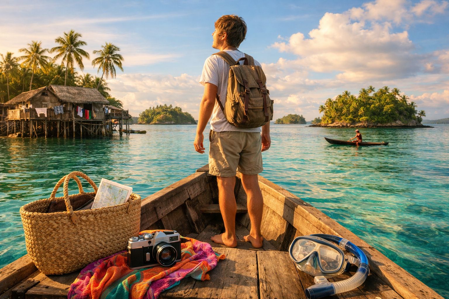 Homem de mochila em barco de madeira com câmera, máscara de mergulho e paisagem tropical ao redor.