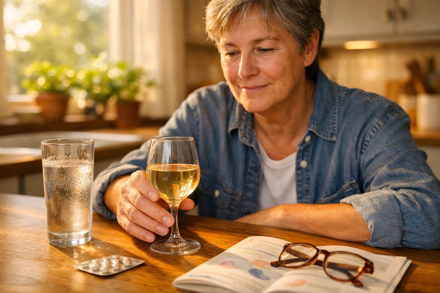 Mulher madura sentada à mesa com taça de vinho branco, livro aberto e óculos à sua frente.