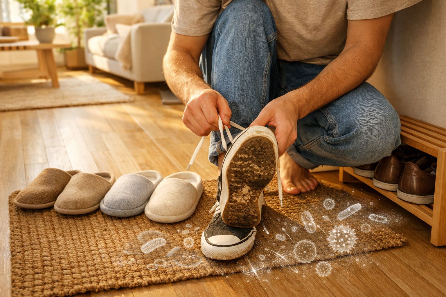 Pessoa calçando tênis sujo com sujeira e germes visíveis no chão, perto de chinelos organizados.
