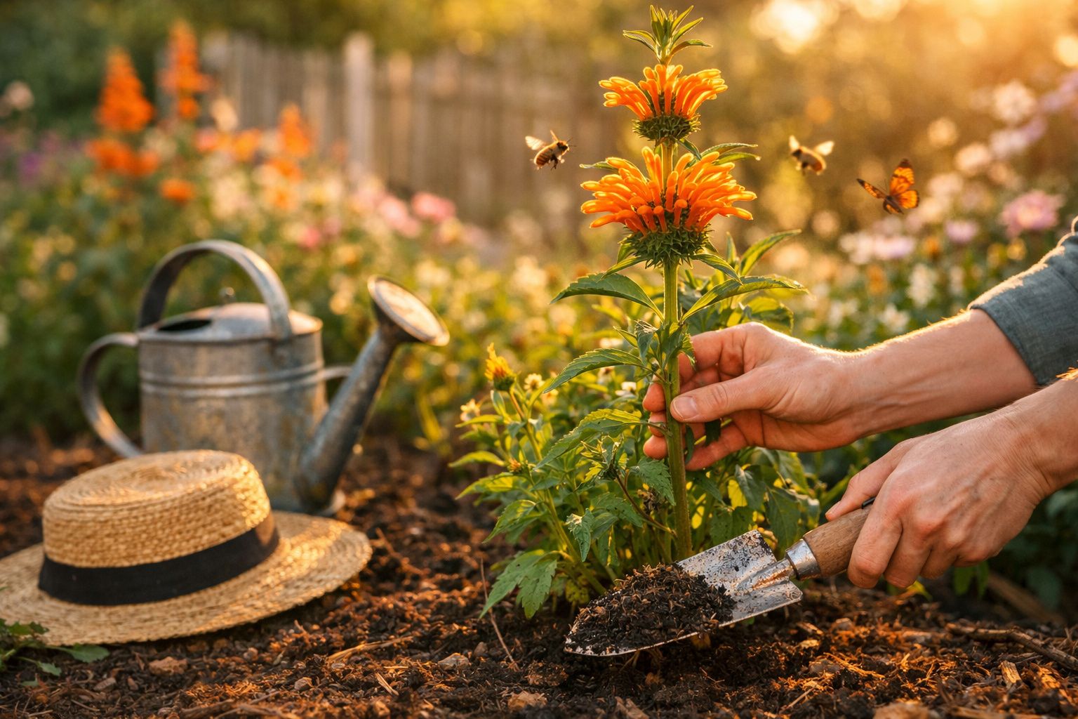 Pessoa cuidando de planta com flores laranja em jardim, regador e chapéu de palha ao fundo.