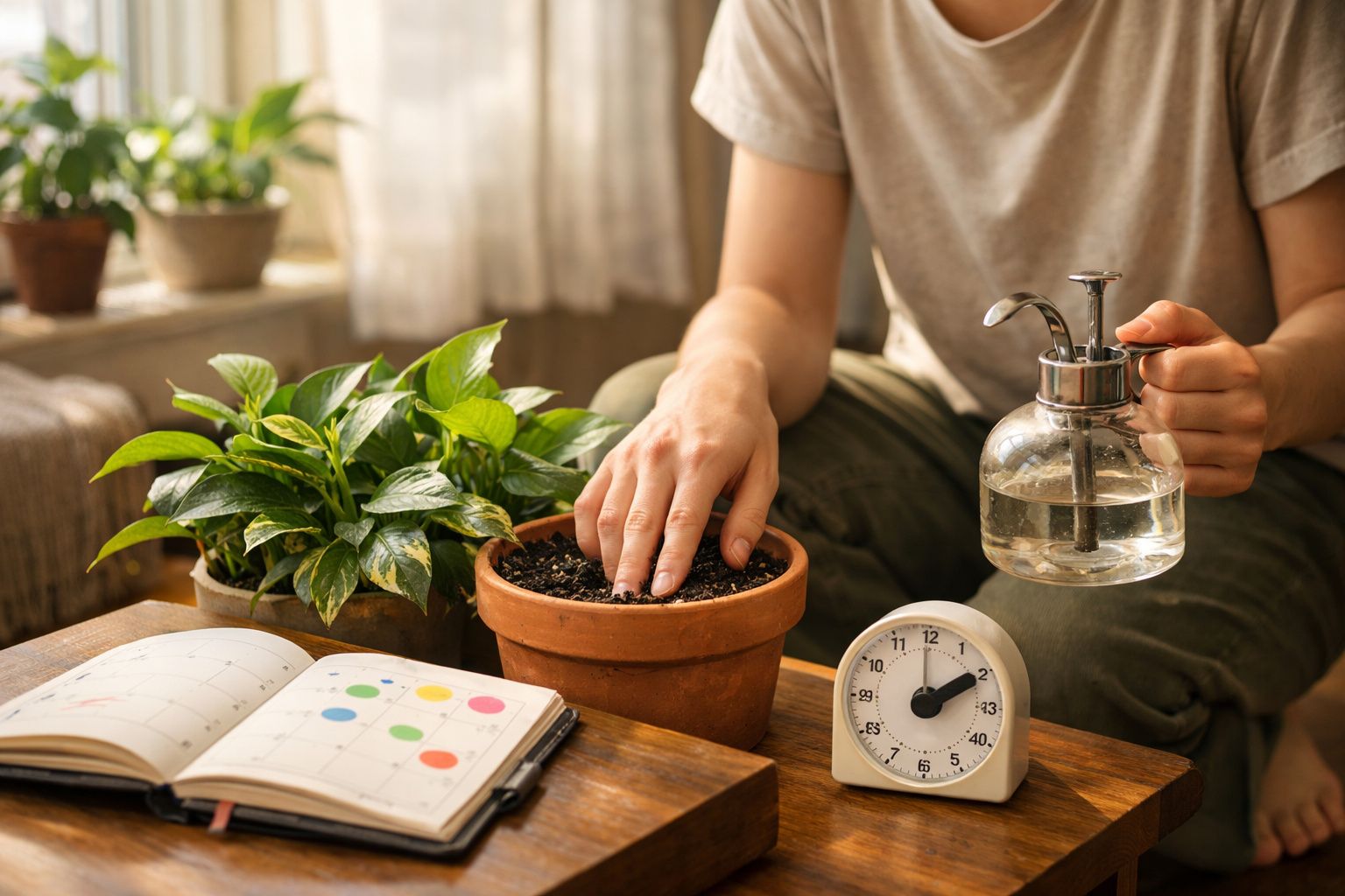 Pessoa plantando sementes em vaso de barro com regador de vidro e plantas ao redor em ambiente iluminado.