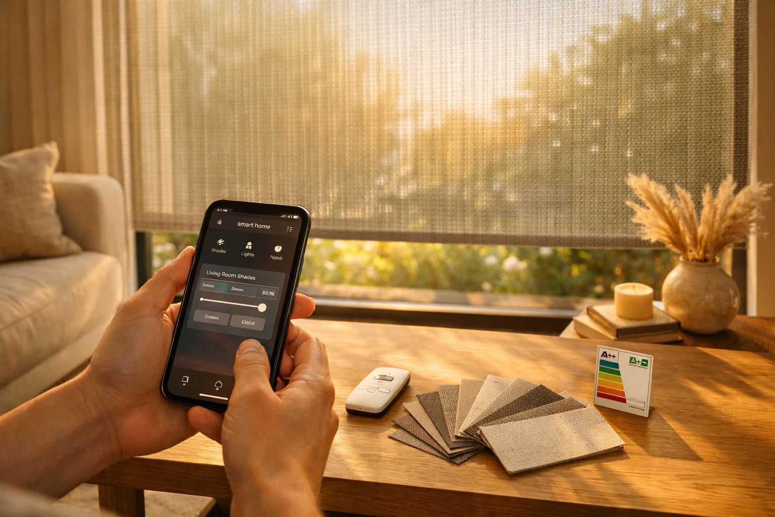 Pessoa controlando persianas motorizadas com smartphone em ambiente iluminado com decoração moderna.